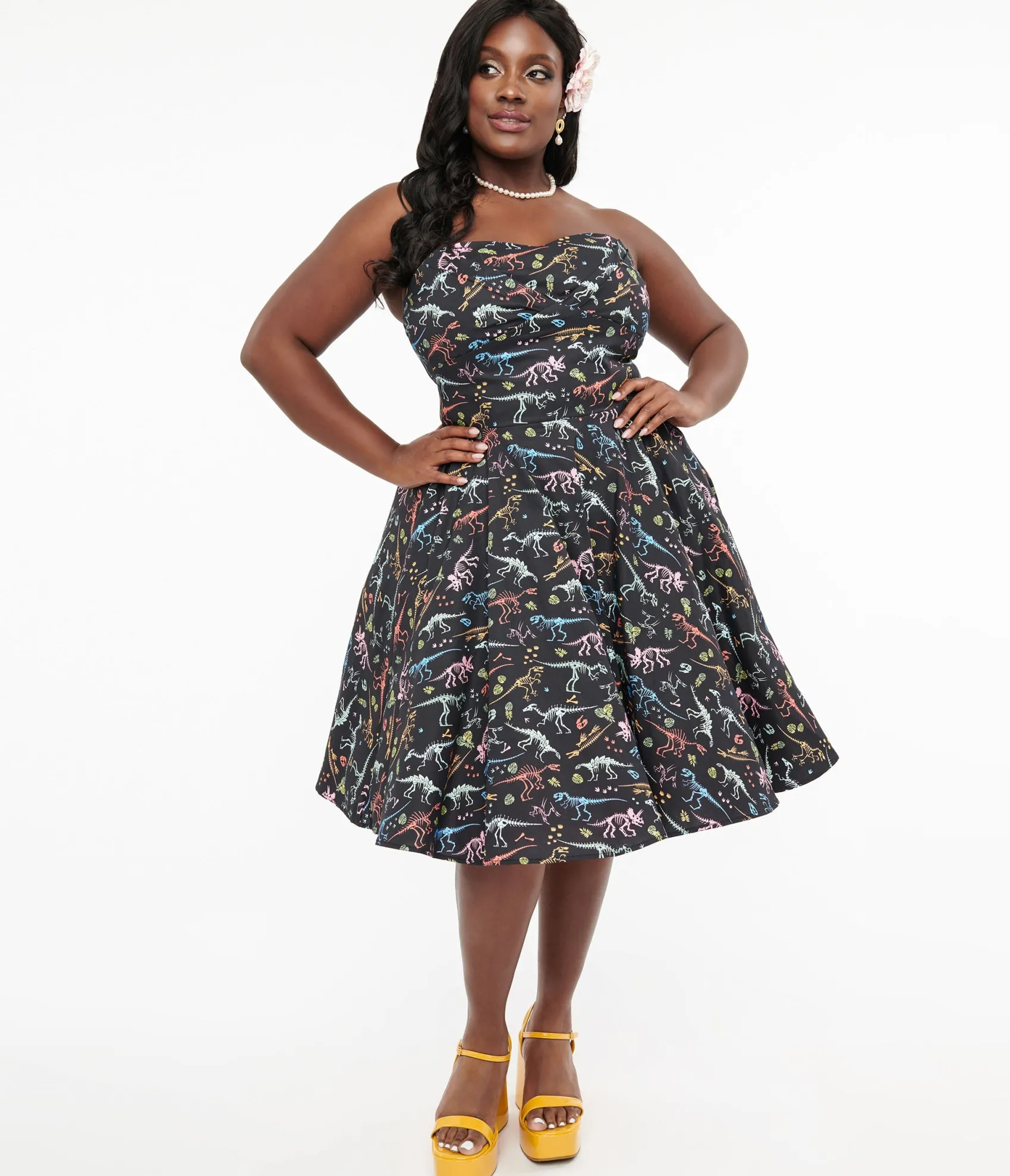 Unique Vintage Dolly & Dotty 1950s Black & Rainbow Fossil Print Strapless Cotton Swing Dress Shop