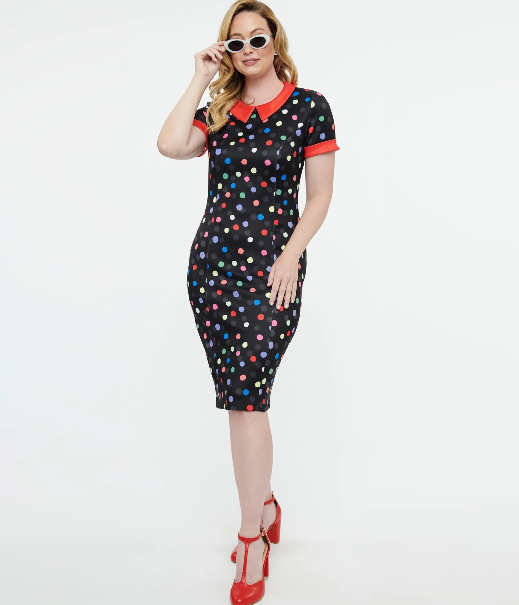 Unique Vintage Dolly & Dotty 1950s Black & Rainbow Polka Dot Toni Wiggle Dress Best