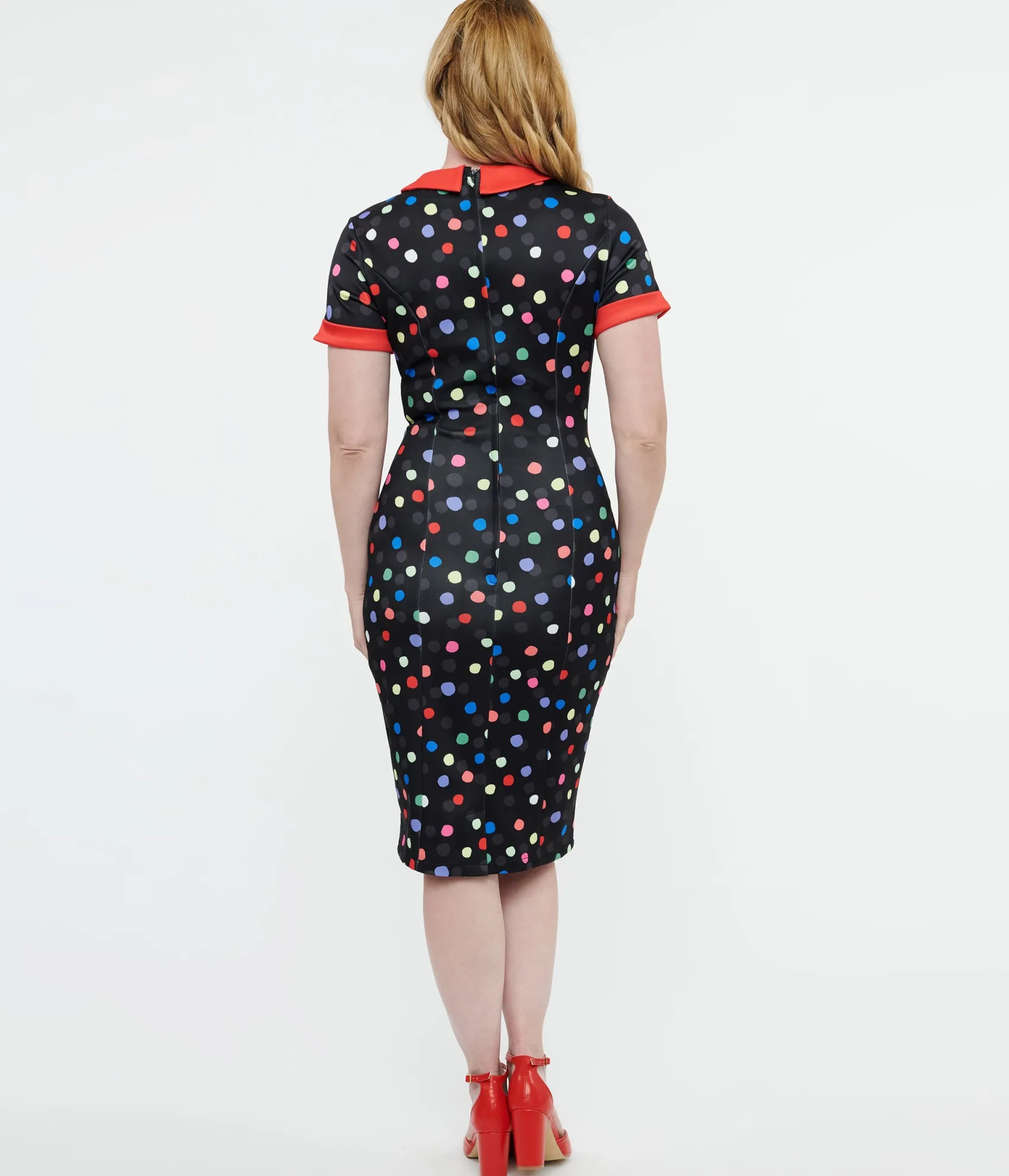 Unique Vintage Dolly & Dotty 1950s Black & Rainbow Polka Dot Toni Wiggle Dress Best