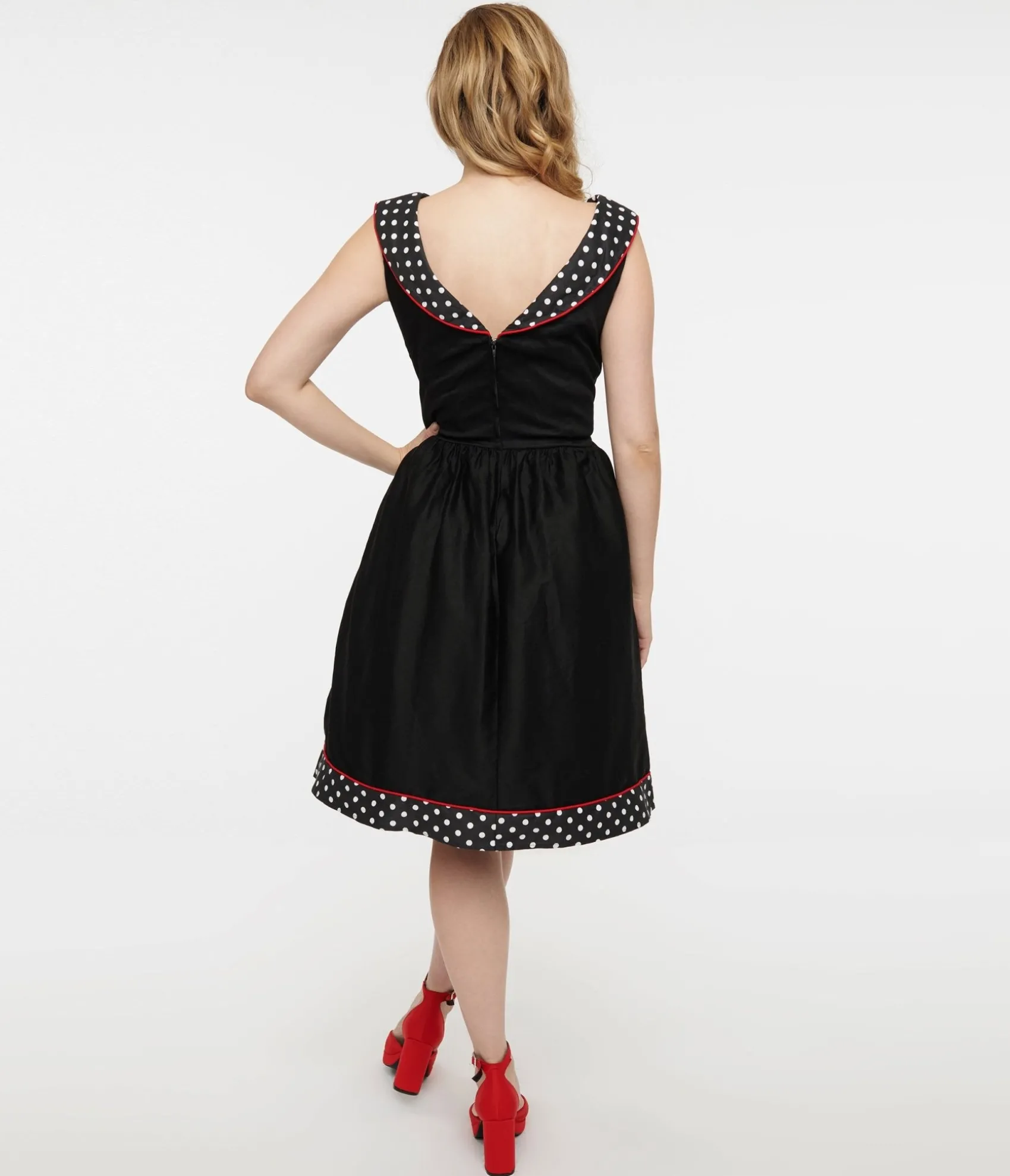 Unique Vintage Dolly & Dotty 1950s Black & White Polka Dot Cindy Swing Dress Flash Sale