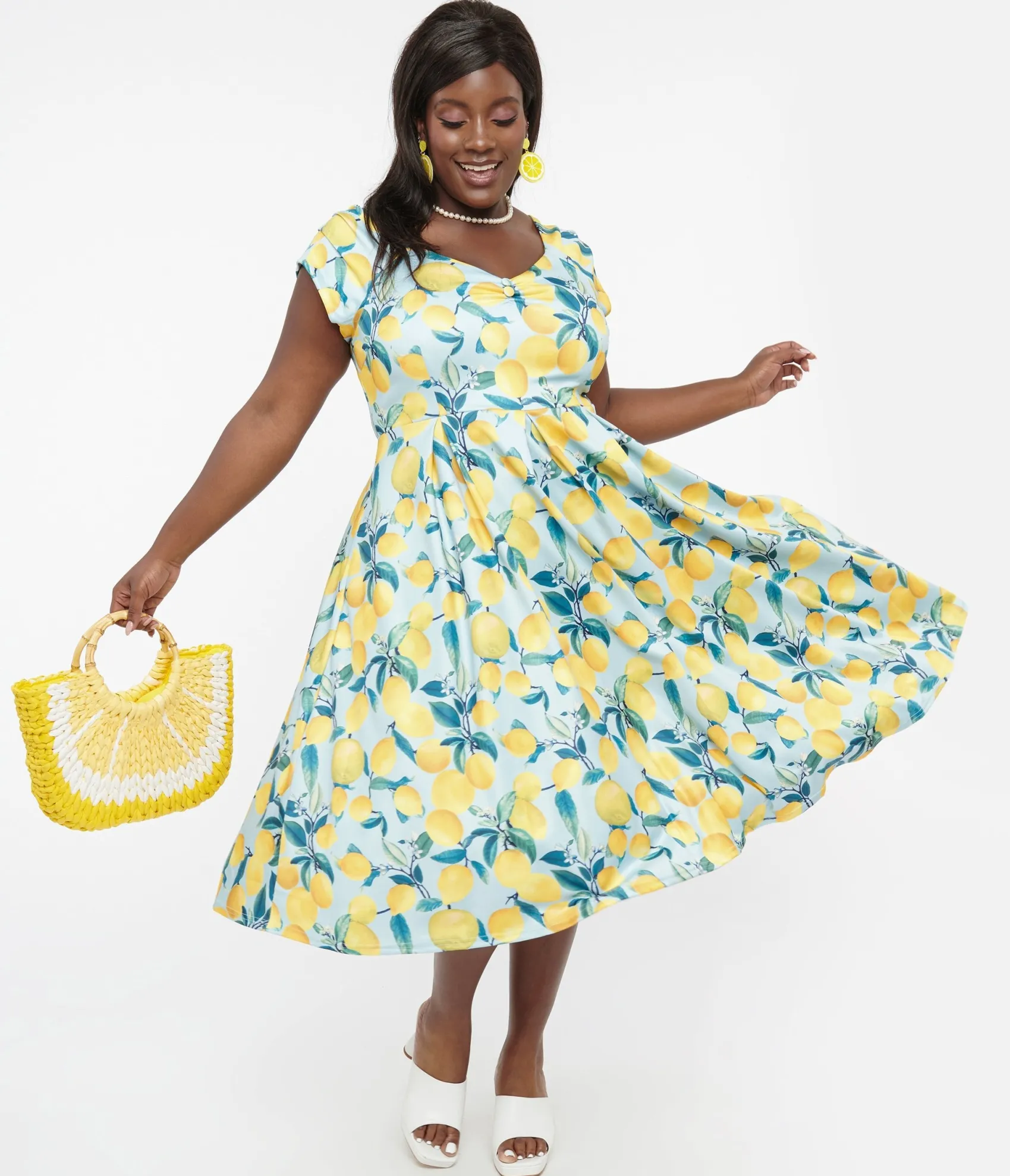 Unique Vintage Dolly & Dotty 1950s Blue & Yellow Lemon Off The Shoulder Lily Swing Dress Flash Sale