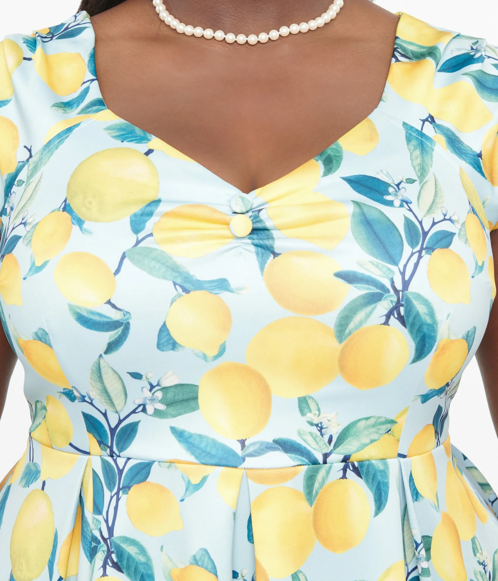 Unique Vintage Dolly & Dotty 1950s Blue & Yellow Lemon Off The Shoulder Lily Swing Dress Flash Sale