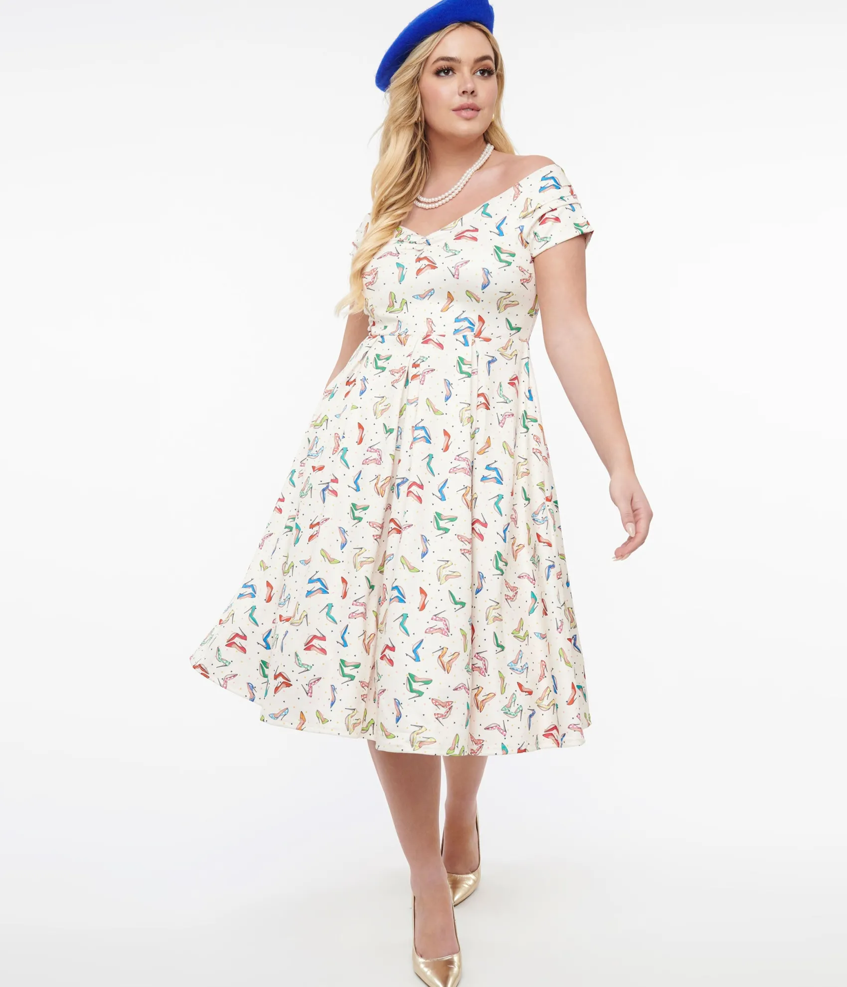 Unique Vintage Dolly & Dotty 1950s Cream & Multicolor Heels Swing Dress Flash Sale