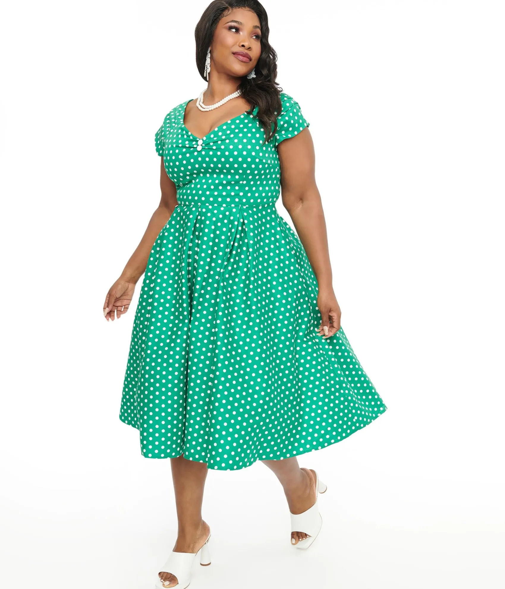 Unique Vintage Dolly & Dotty 1950s Green & White Polka Dot Off The Shoulder Lily Swing Dress Best