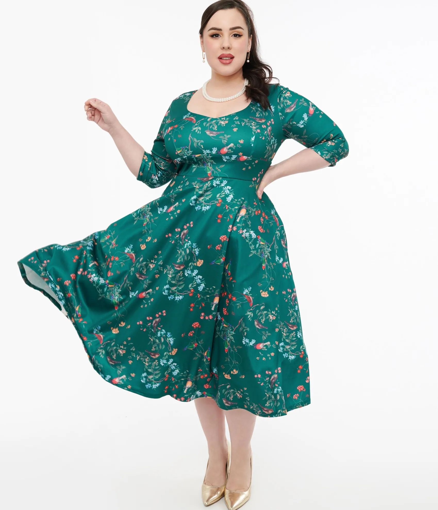 Unique Vintage Dolly & Dotty 1950s Green Bird Print Swing Dress Fashion