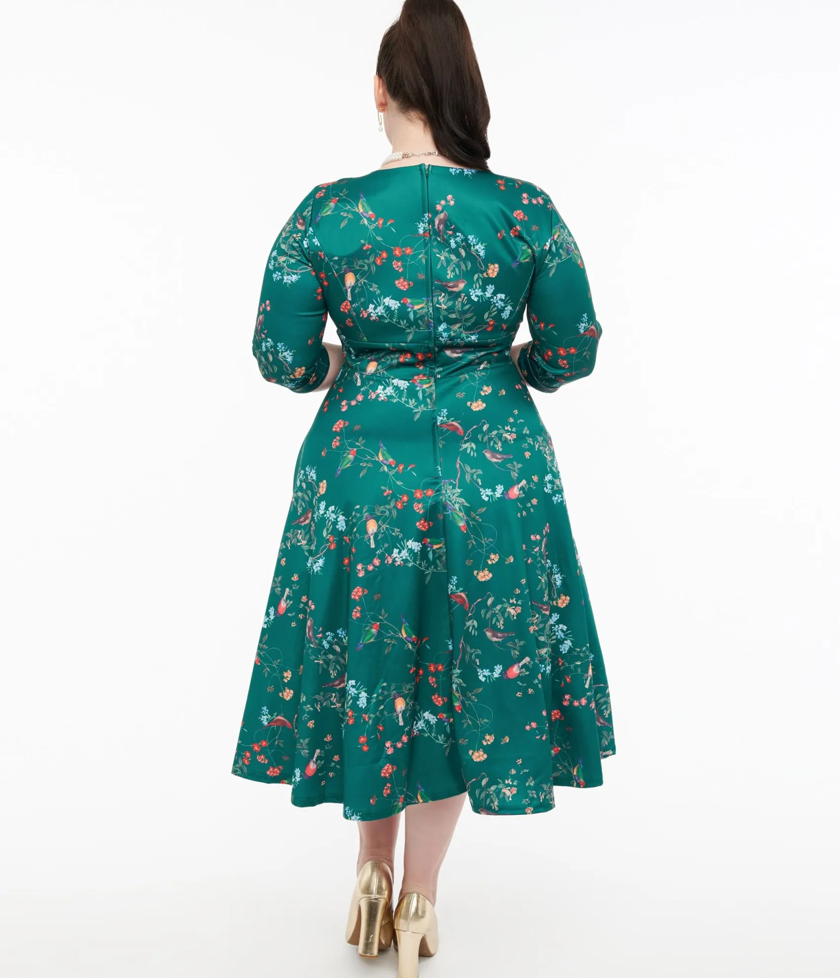 Unique Vintage Dolly & Dotty 1950s Green Bird Print Swing Dress Fashion