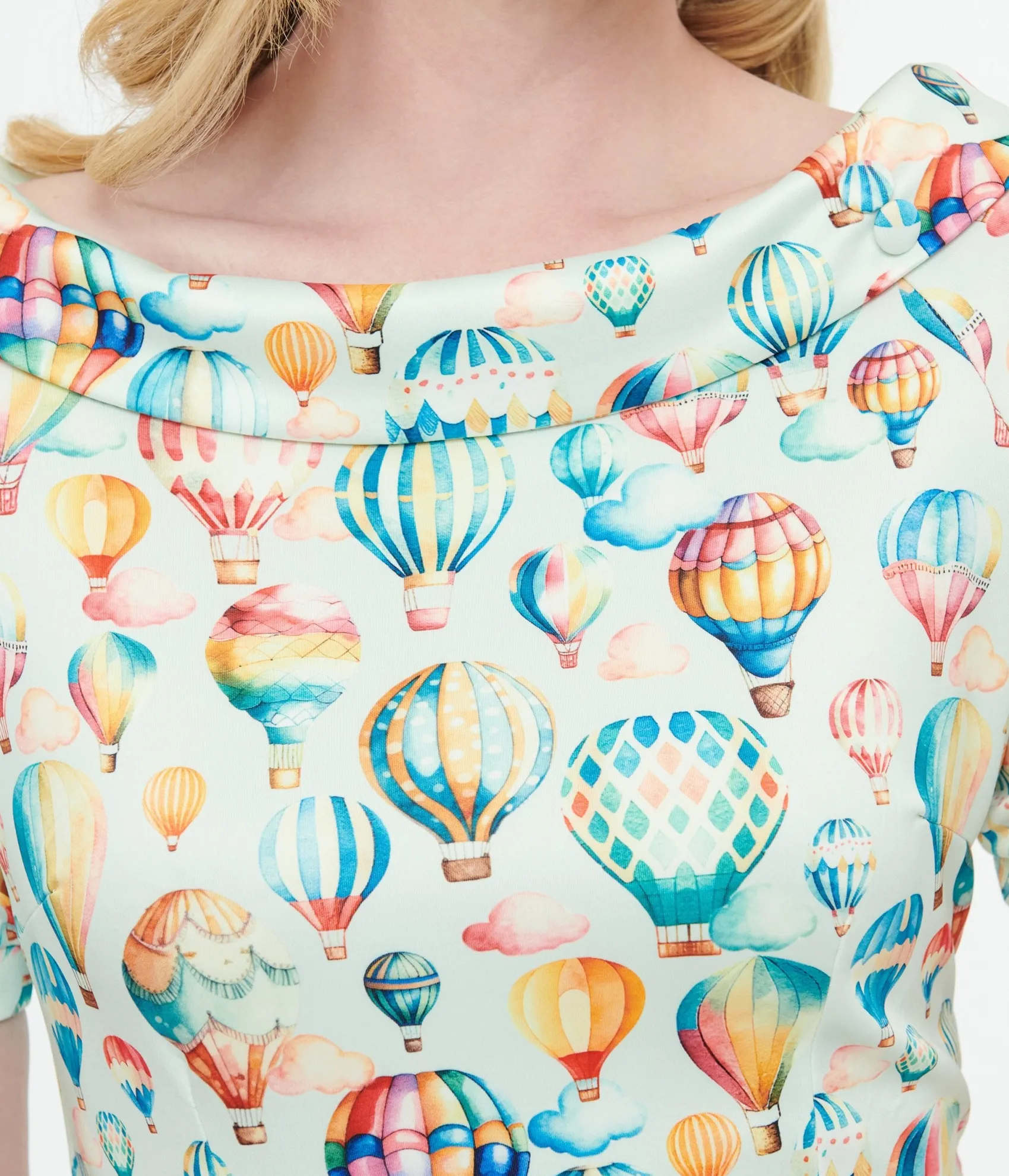 Unique Vintage Dolly & Dotty 1950s Light Blue Hot Air Balloon Valerie Wiggle Dress Cheap