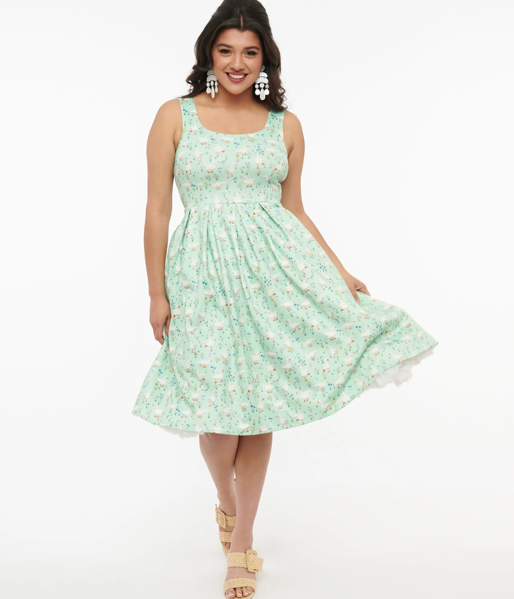 Unique Vintage Dolly & Dotty 1950s Mint Green Duck Print Amanda Swing Dress Store