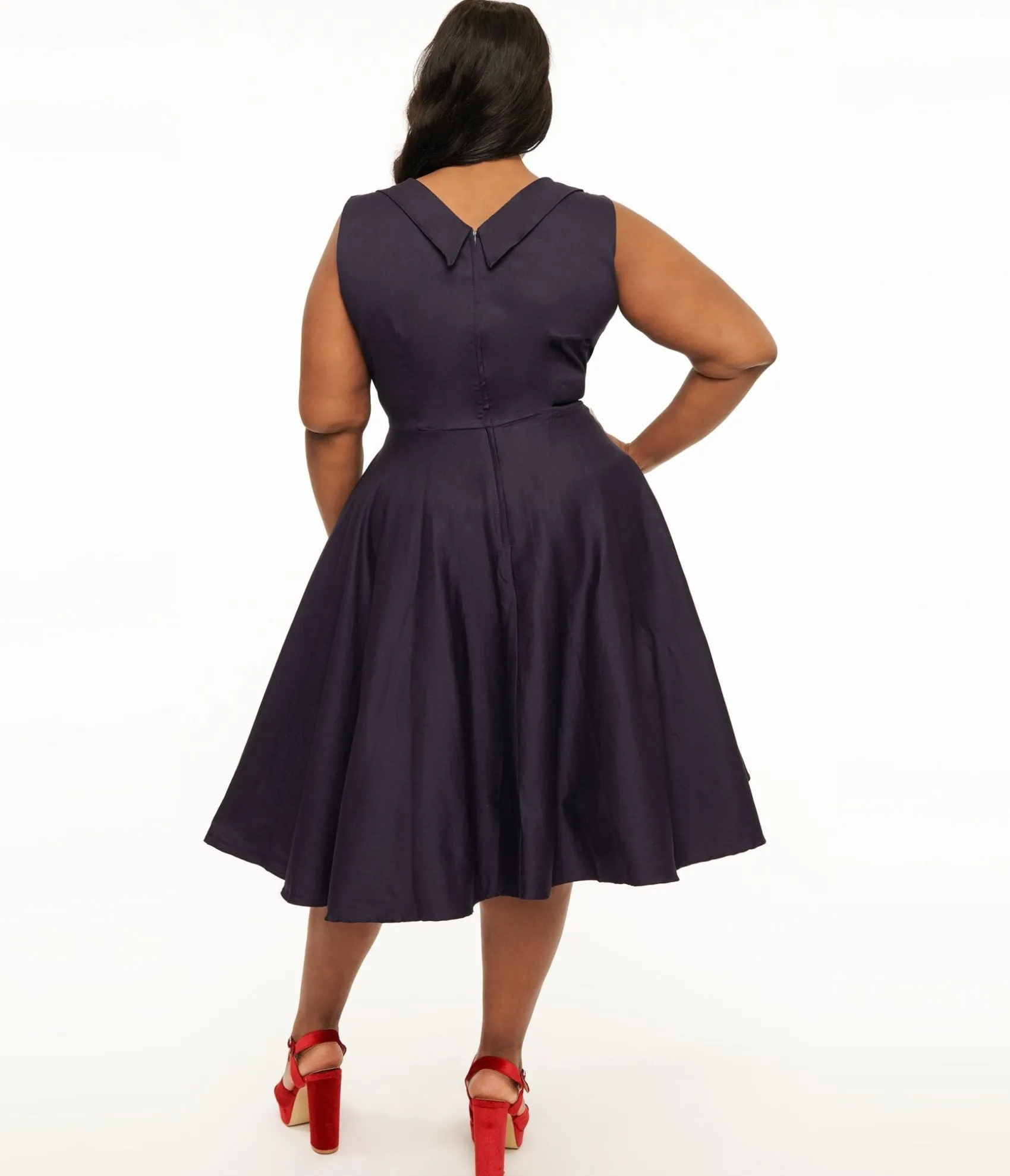 Unique Vintage Dolly & Dotty 1950s Navy & Red Grace Swing Dress Store