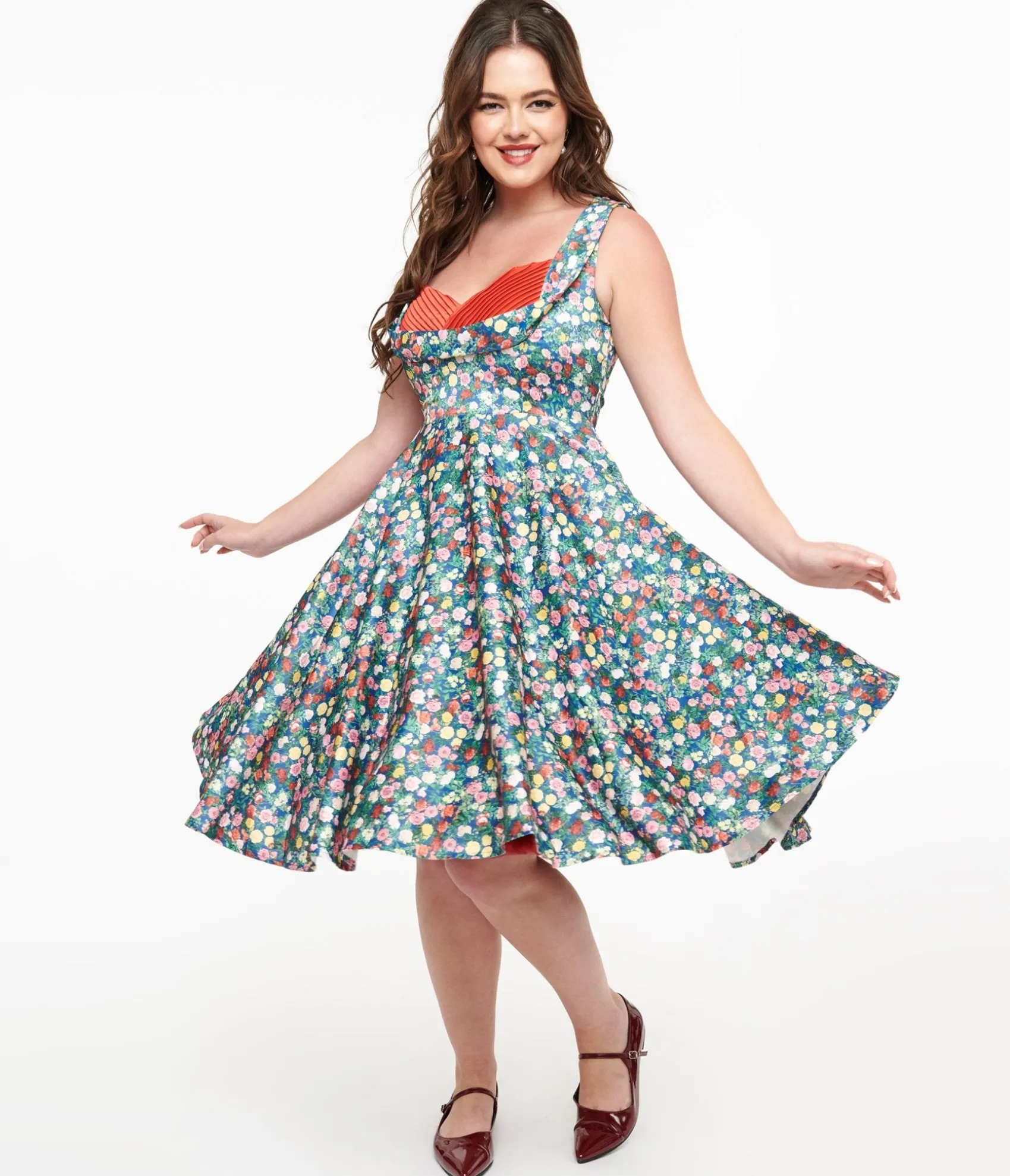 Unique Vintage Dolly & Dotty 1950s Navy & Rose Print Grace Swing Dress Discount