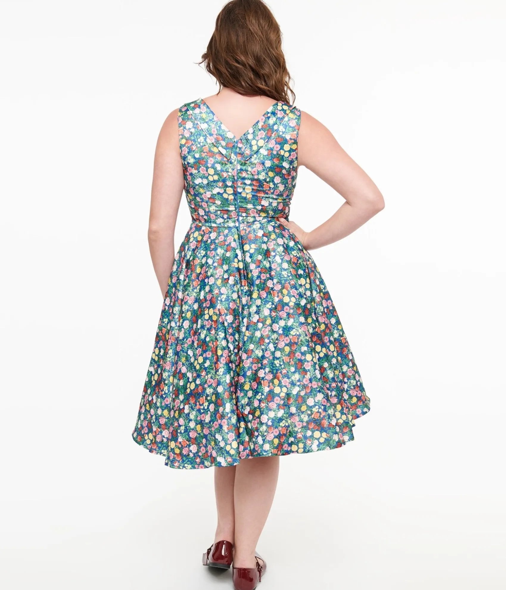 Unique Vintage Dolly & Dotty 1950s Navy & Rose Print Grace Swing Dress Discount