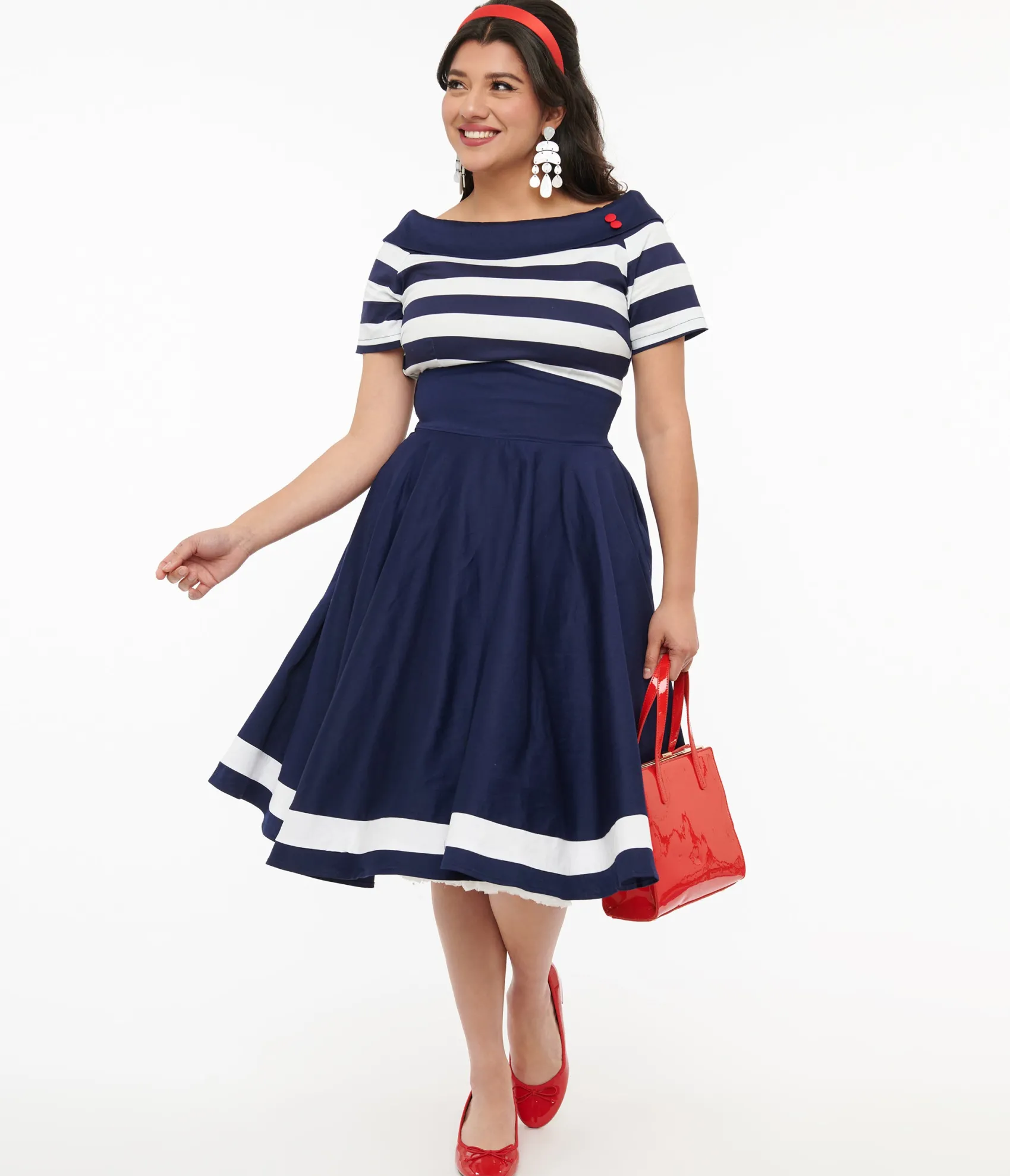 Unique Vintage Dolly & Dotty 1950s Navy & White Striped Sailor Swing Dress Flash Sale