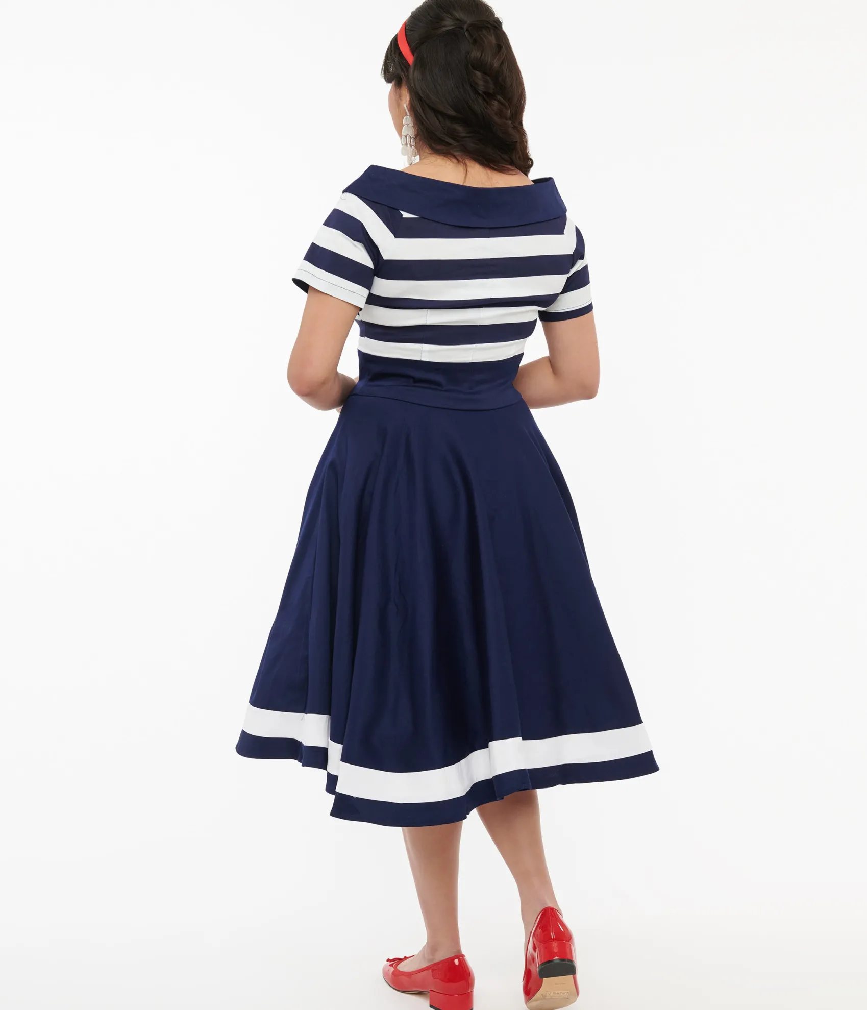 Unique Vintage Dolly & Dotty 1950s Navy & White Striped Sailor Swing Dress Flash Sale