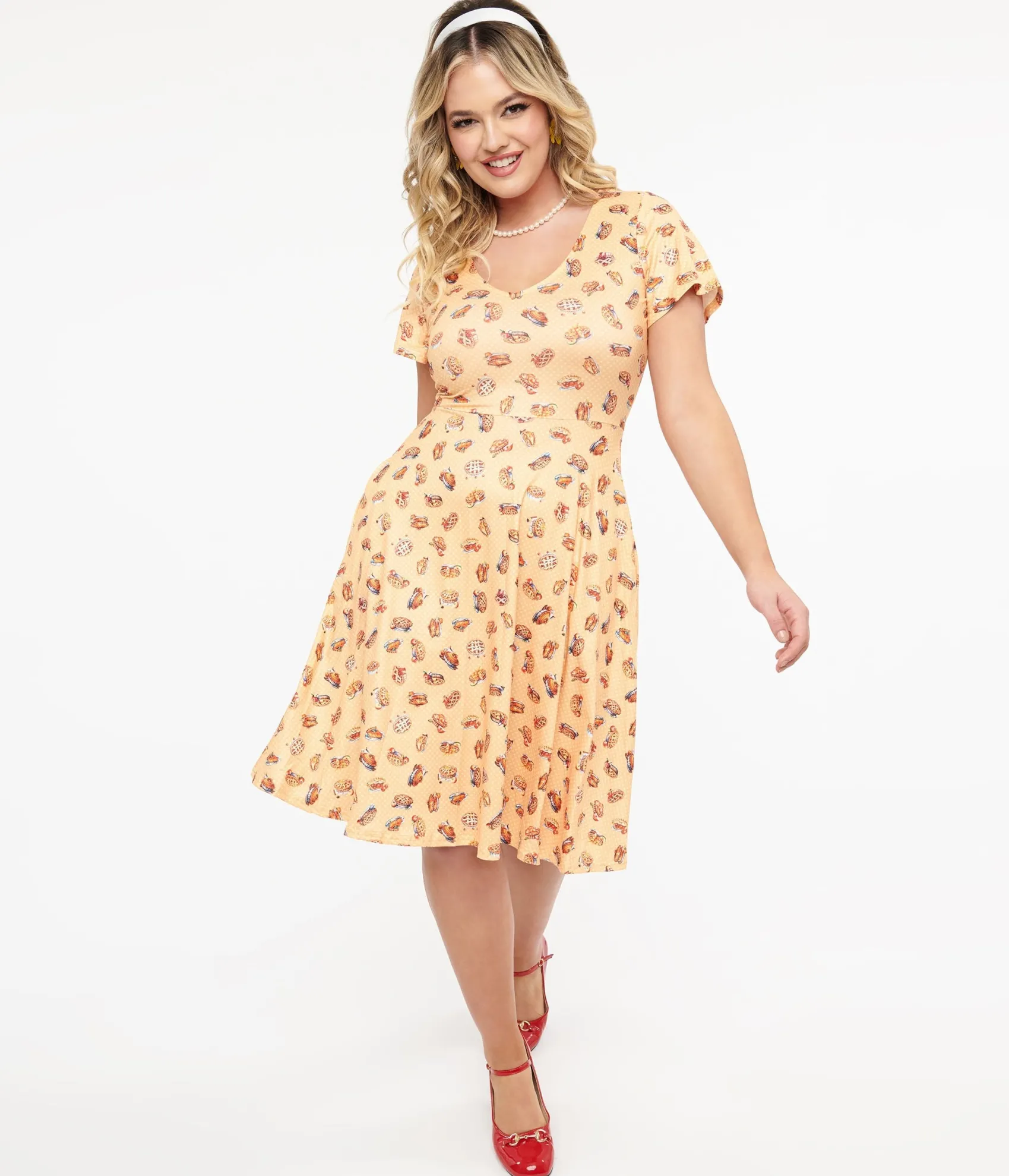 Unique Vintage Dolly & Dotty 1950s Orange Apple Pie Print Fit & Flare Dress Store