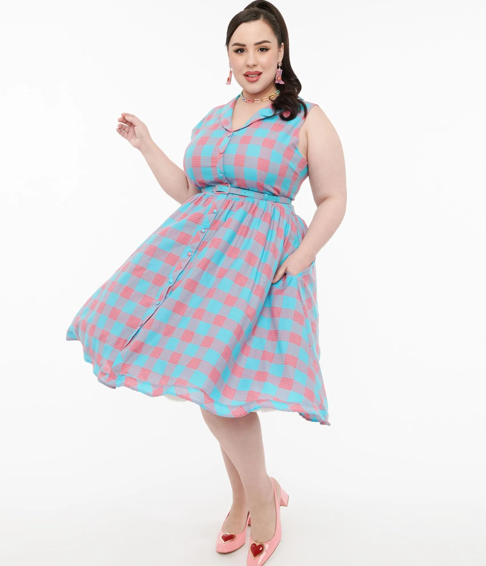 Unique Vintage Dolly & Dotty 1950s Pink & Blue Gingham Cotton Swing Dress Online