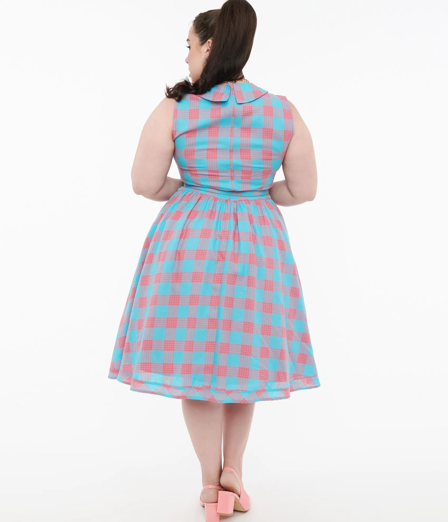 Unique Vintage Dolly & Dotty 1950s Pink & Blue Gingham Cotton Swing Dress Online