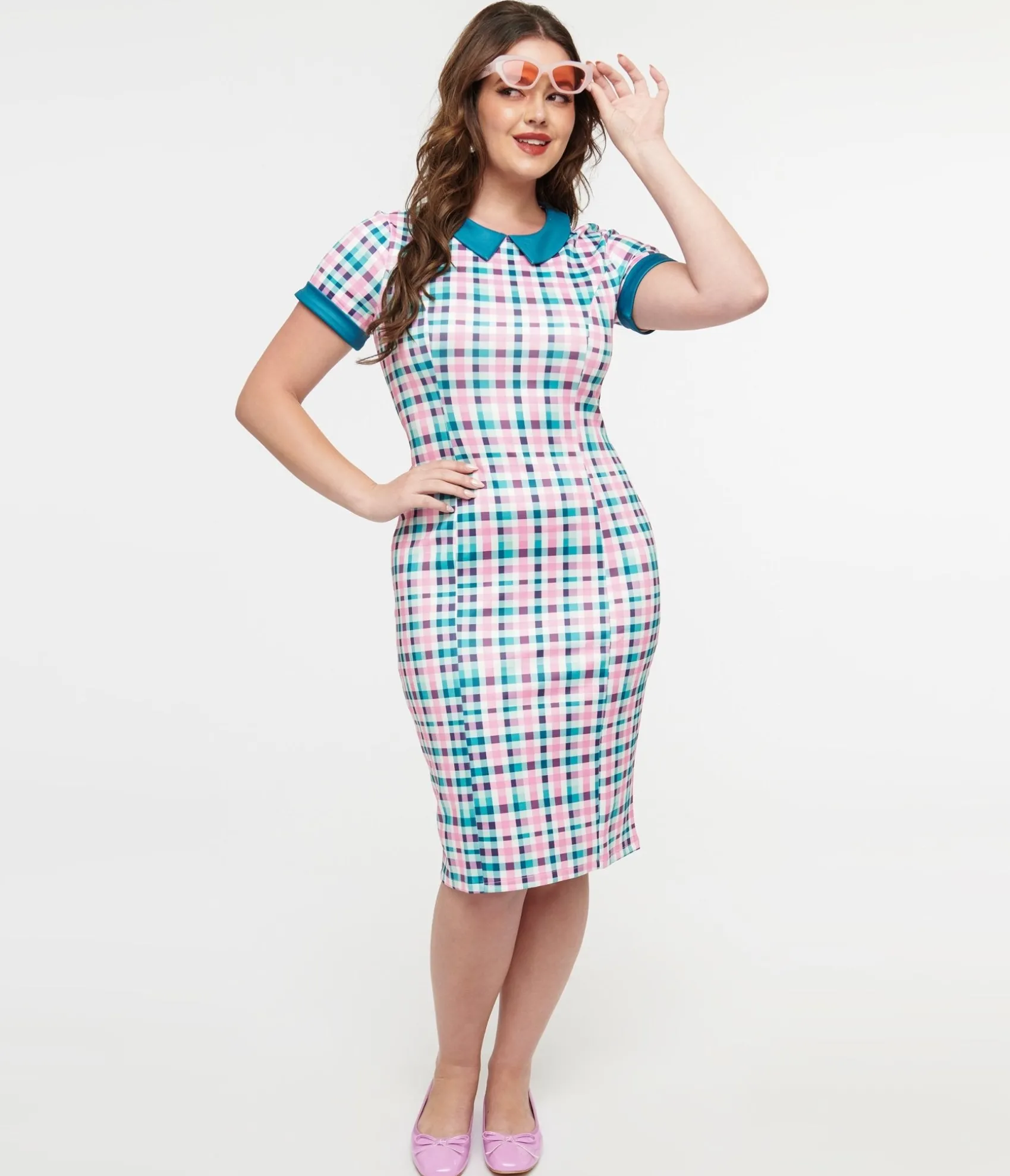 Unique Vintage Dolly & Dotty 1950s Pink & Teal Plaid Toni Pencil Dress Outlet