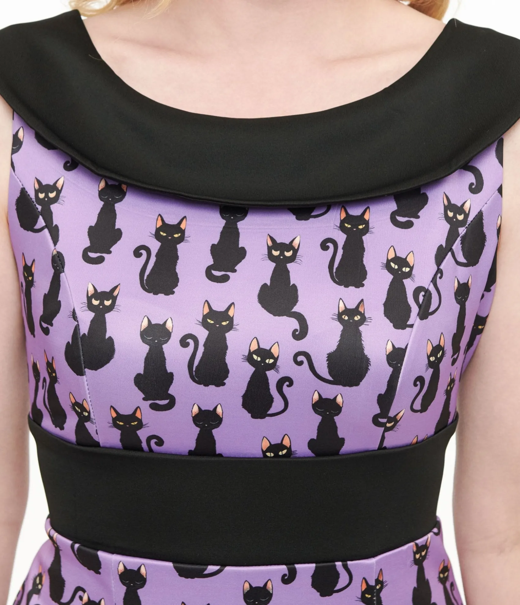 Unique Vintage Dolly & Dotty 1950s Purple & Black Cat Print Darla Wiggle Dress Online