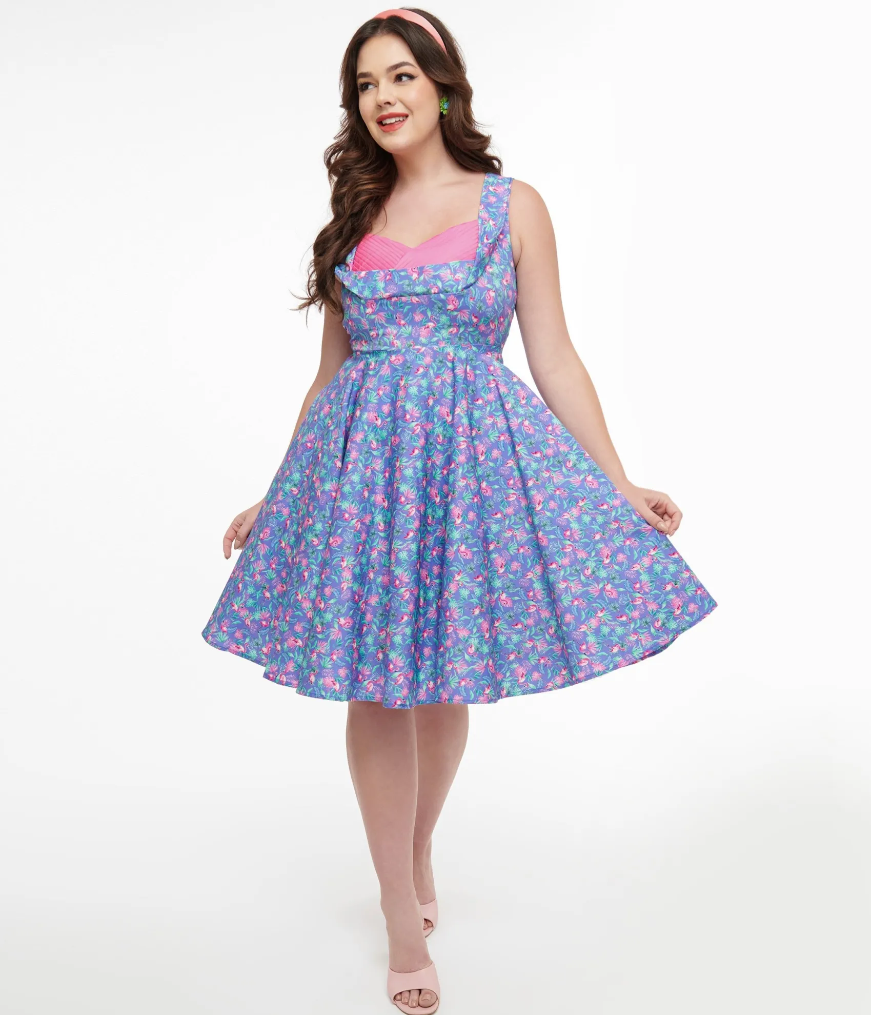 Unique Vintage Dolly & Dotty 1950s Purple & Pink Flamingo Leaf Print Grace Swing Dress Cheap
