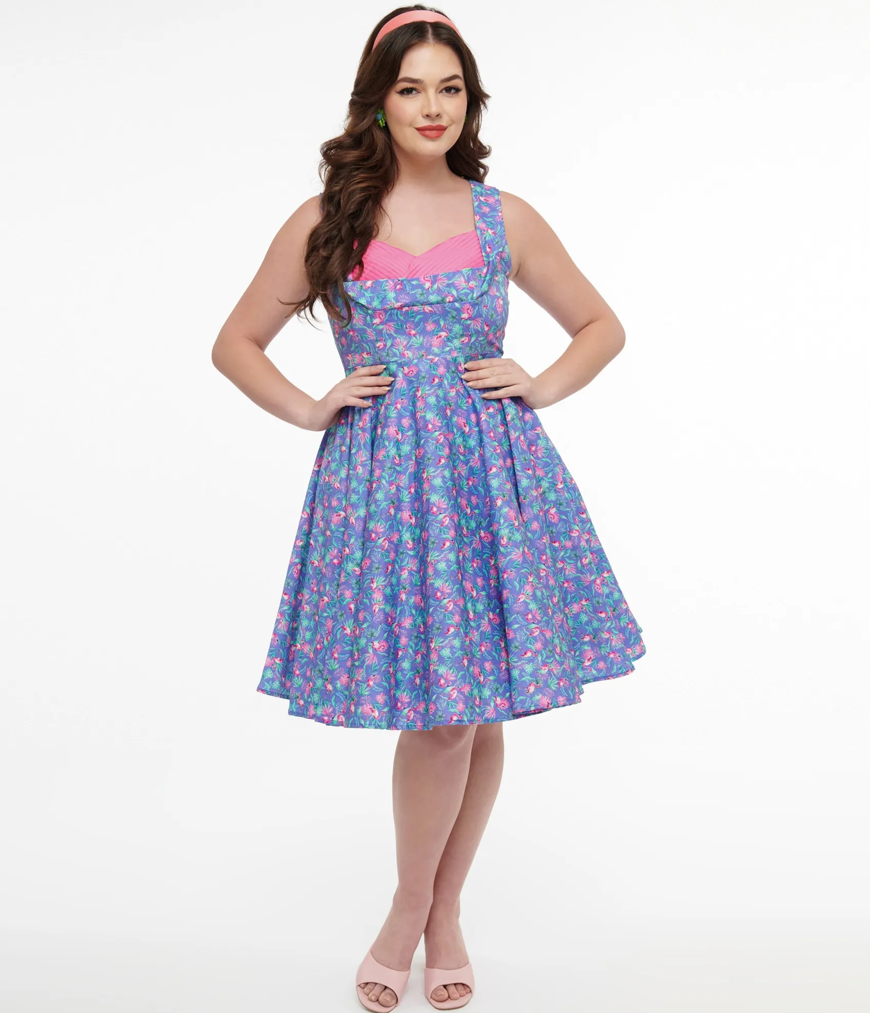 Unique Vintage Dolly & Dotty 1950s Purple & Pink Flamingo Leaf Print Grace Swing Dress Cheap