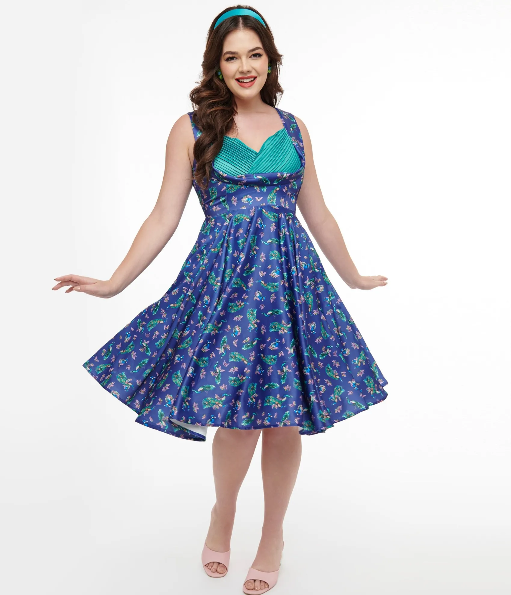 Unique Vintage Dolly & Dotty 1950s Purple & Teal Peacock Print Grace Swing Dress New