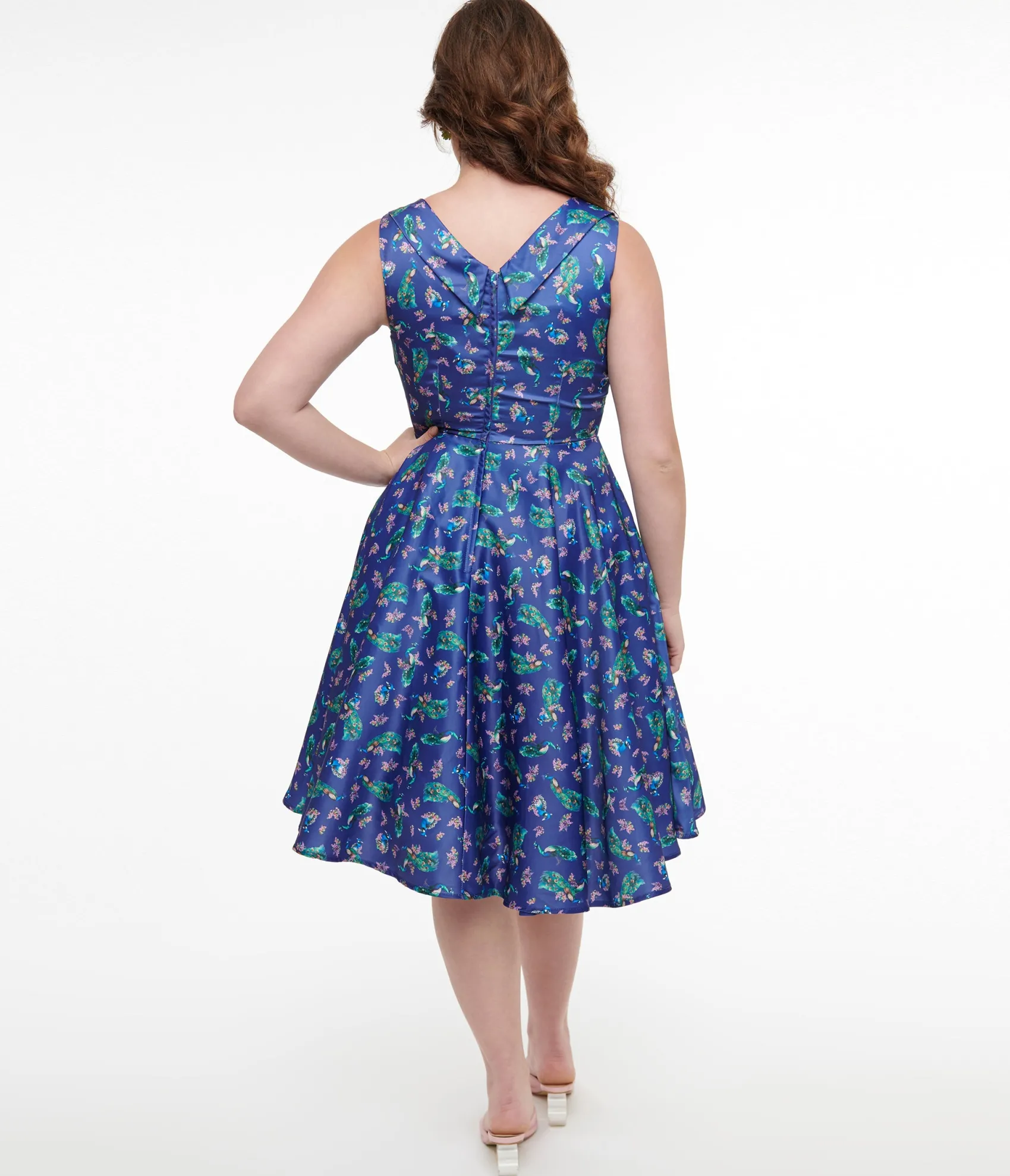 Unique Vintage Dolly & Dotty 1950s Purple & Teal Peacock Print Grace Swing Dress New