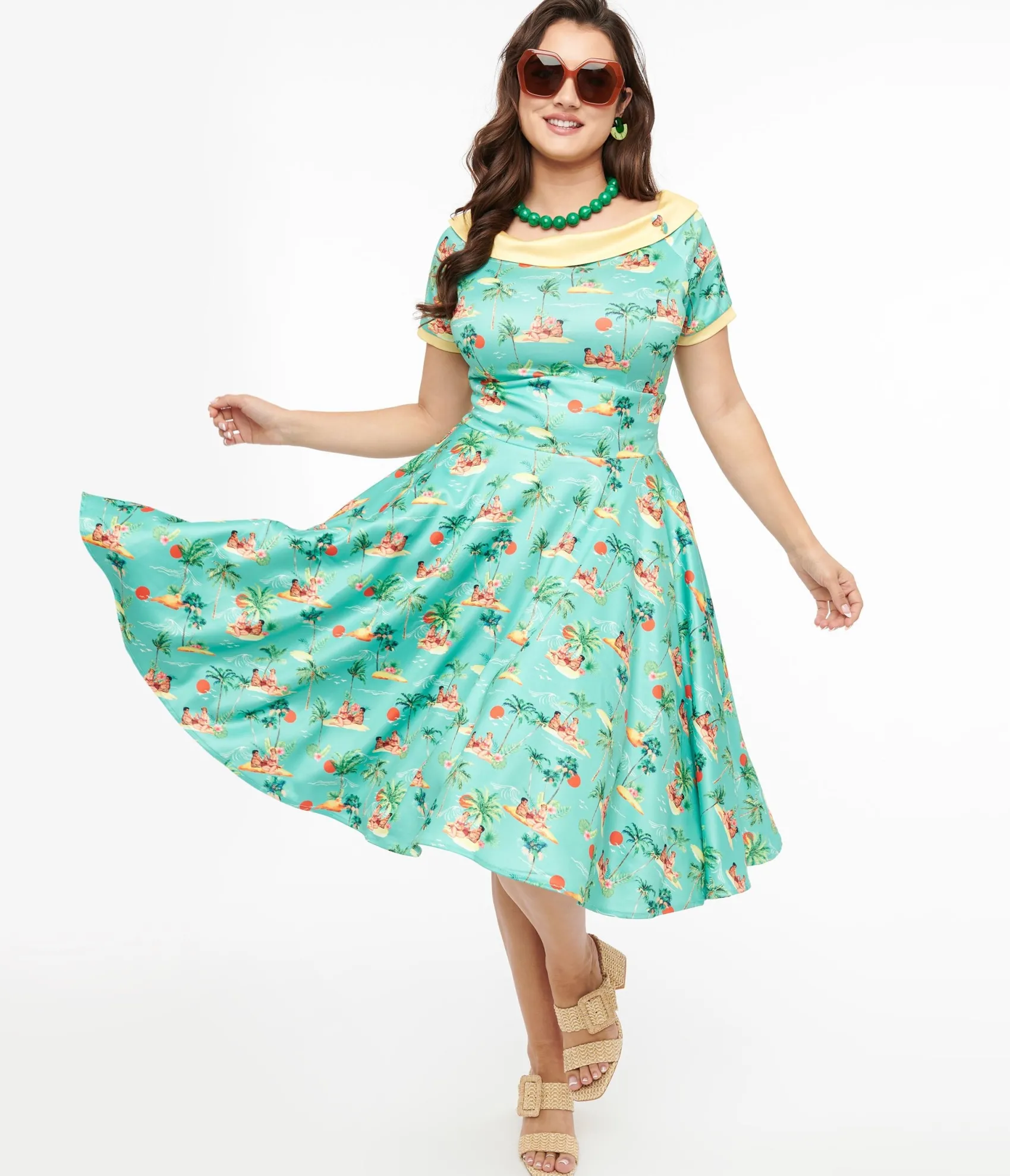 Unique Vintage Dolly & Dotty 1950s Sea Blue Island Pinup Couple Print Darlene Swing Dress Sale