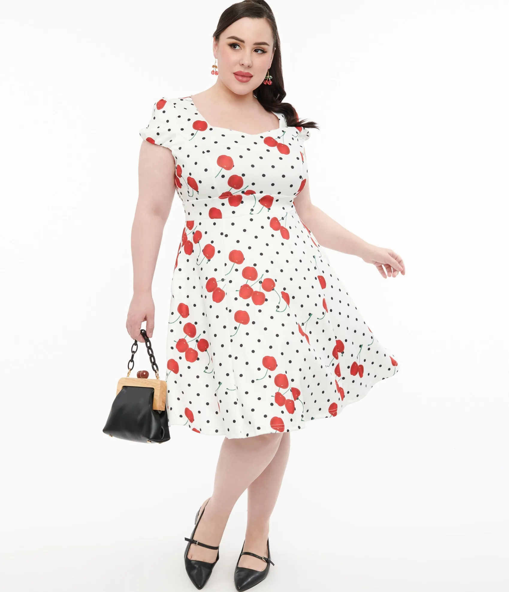 Unique Vintage Dolly & Dotty 1950s White Polka Dot Cherry Swing Dress Hot