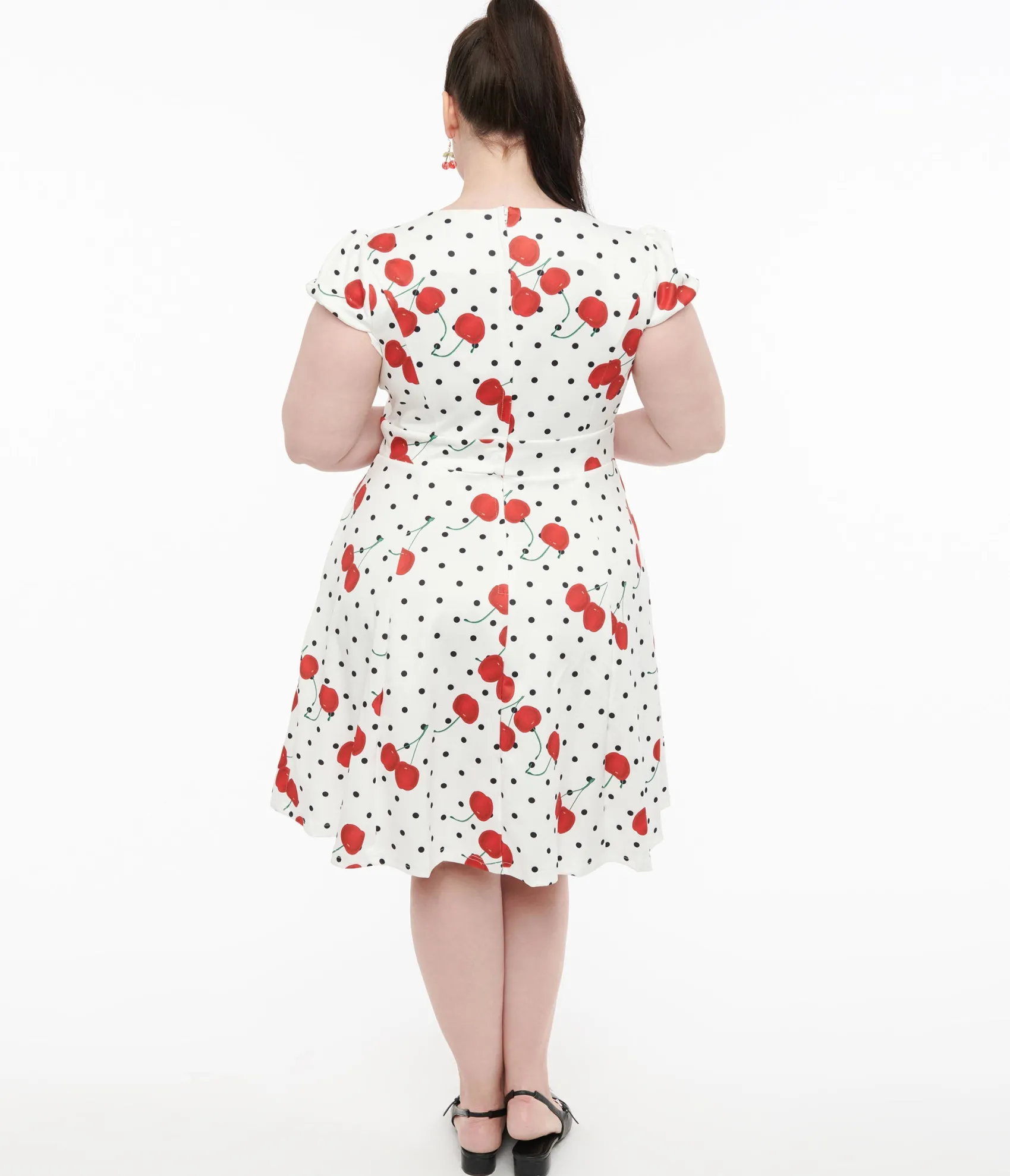 Unique Vintage Dolly & Dotty 1950s White Polka Dot Cherry Swing Dress Hot