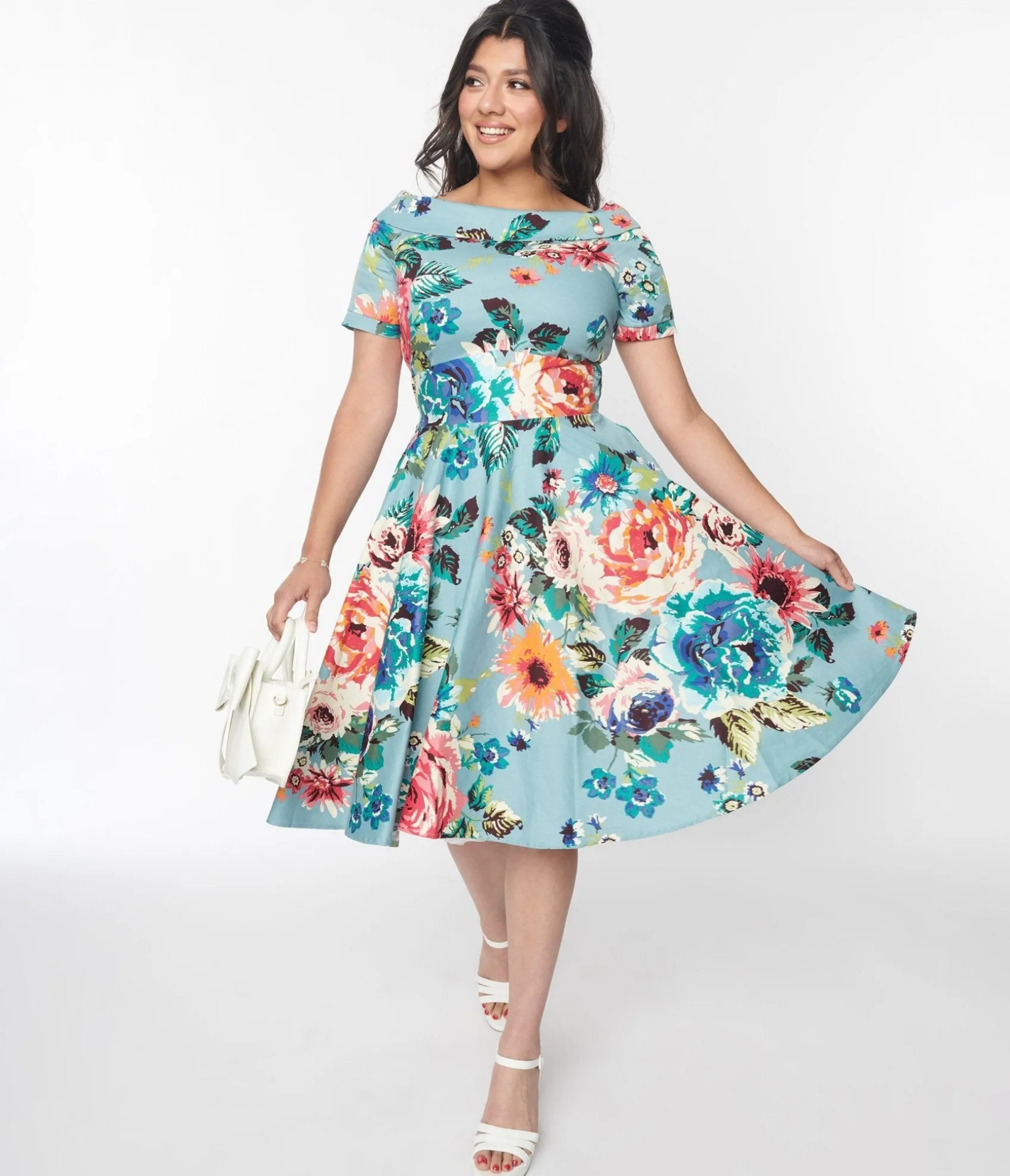 Unique Vintage Dolly & Dotty Teal & Multicolor Floral Swing Dress Online