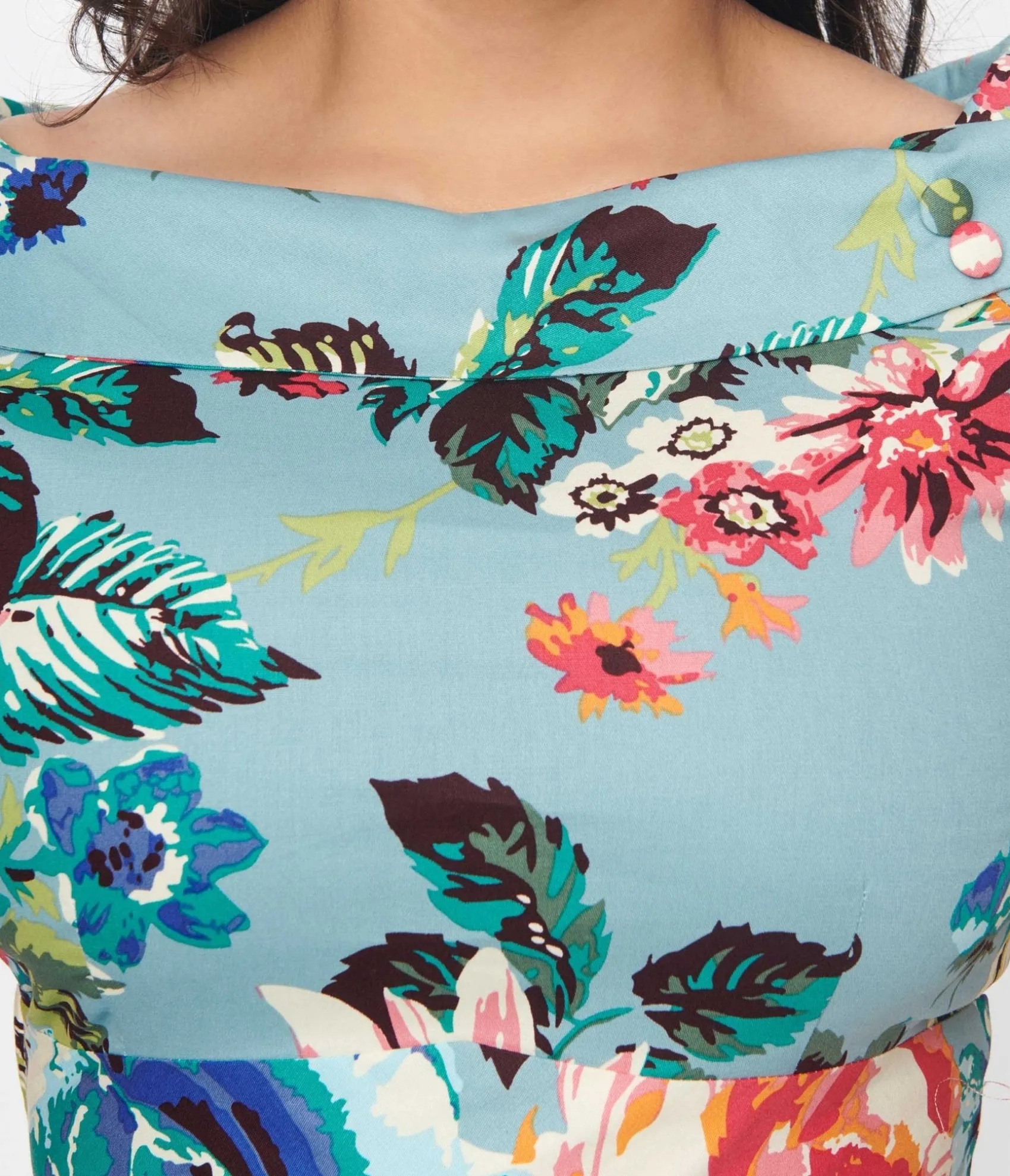 Unique Vintage Dolly & Dotty Teal & Multicolor Floral Swing Dress Online
