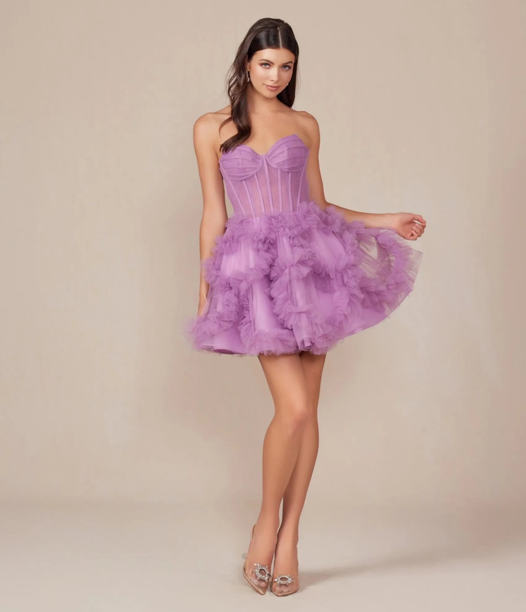 Unique Vintage Dusty Lavender Ruffled Strapless A-Line Prom Dress Discount