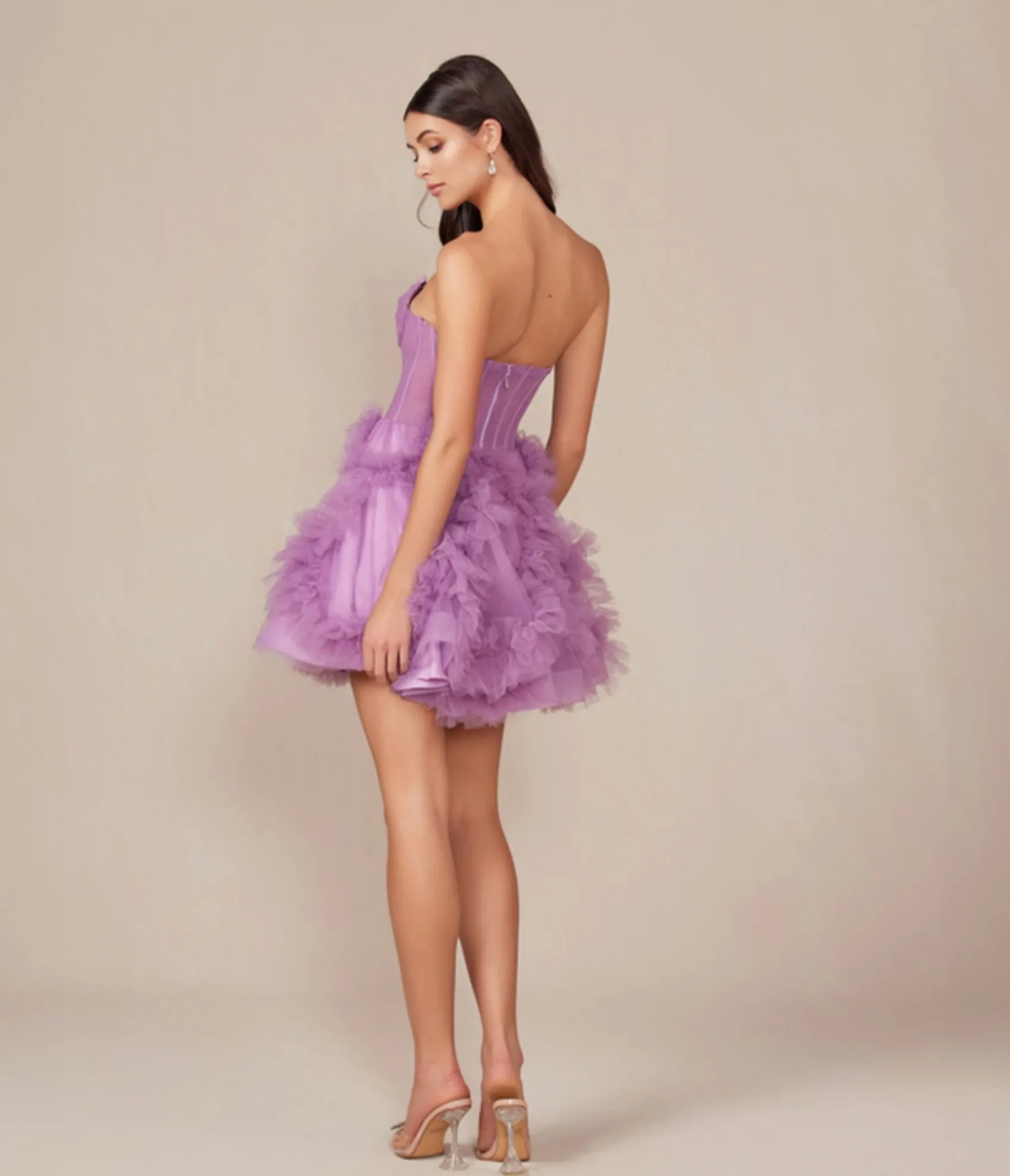 Unique Vintage Dusty Lavender Ruffled Strapless A-Line Prom Dress Discount