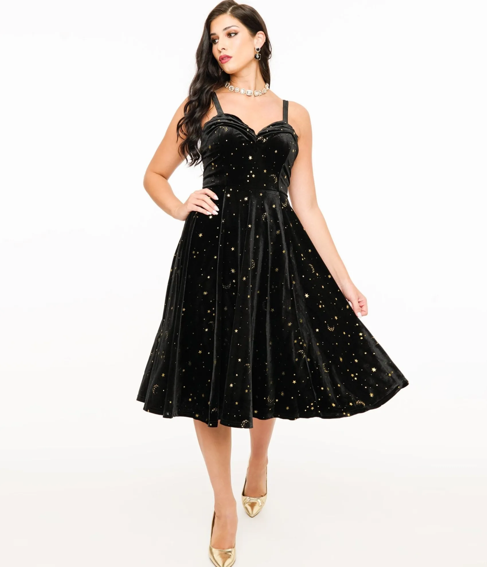 Unique Vintage Elle Rebel Black Velvet & Gold Lunar Luxe Swing Dress Hot