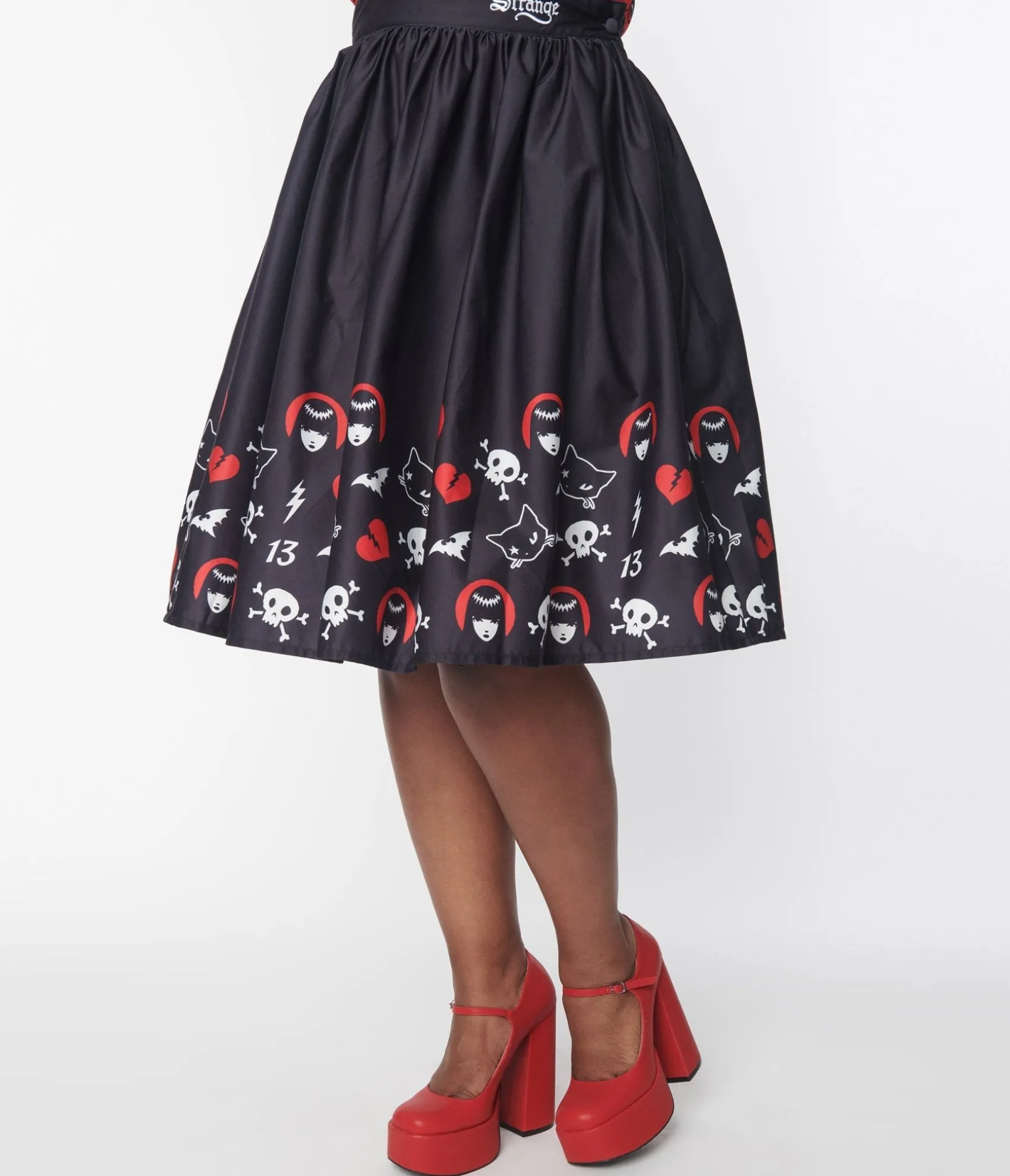 Unique Vintage Emily The Strange x Black & Emily Border Print Gellar Swing Skirt Hot
