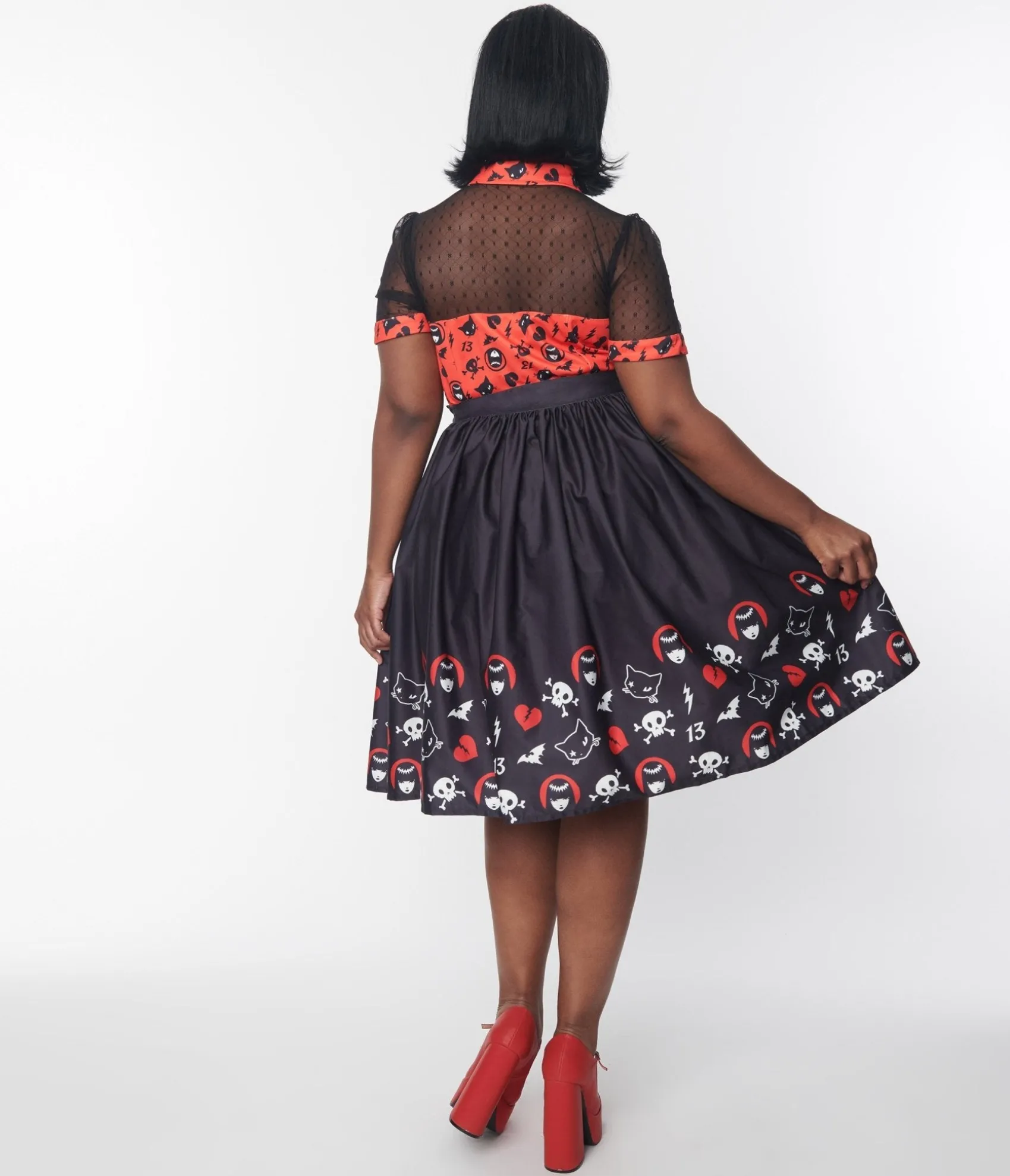 Unique Vintage Emily The Strange x Black & Emily Border Print Gellar Swing Skirt Hot