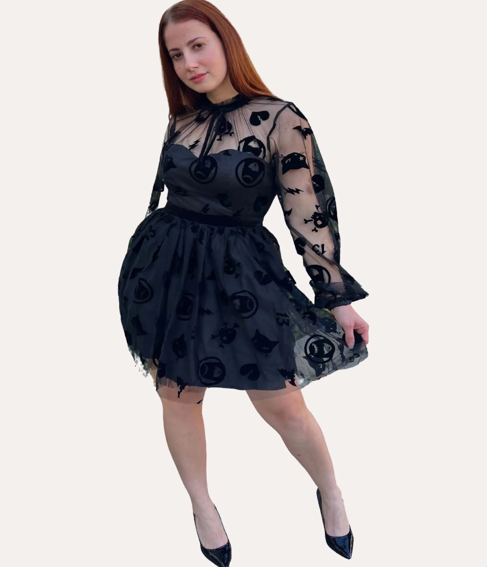 Unique Vintage Emily The Strange x Black Flocked Tulle Flare Dress Hot