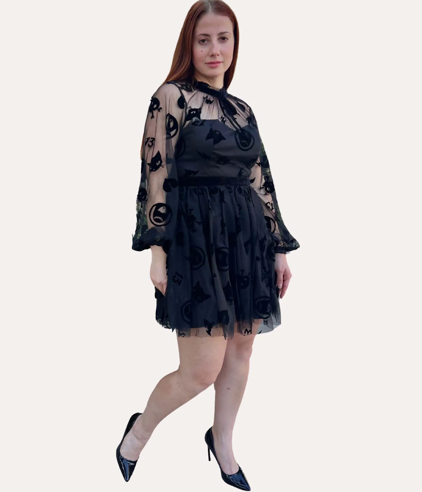 Unique Vintage Emily The Strange x Black Flocked Tulle Flare Dress Hot