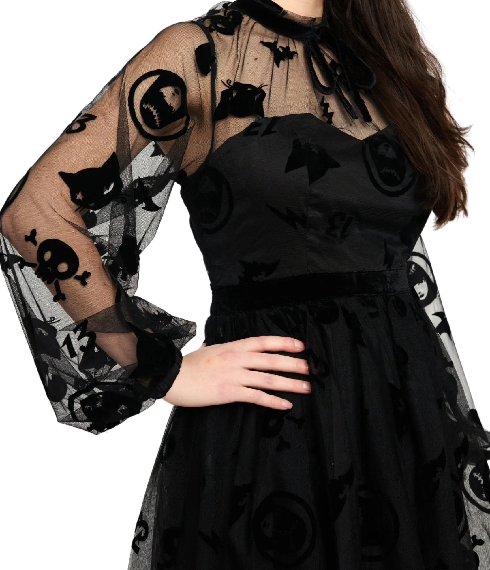 Unique Vintage Emily The Strange x Black Flocked Tulle Flare Dress Hot