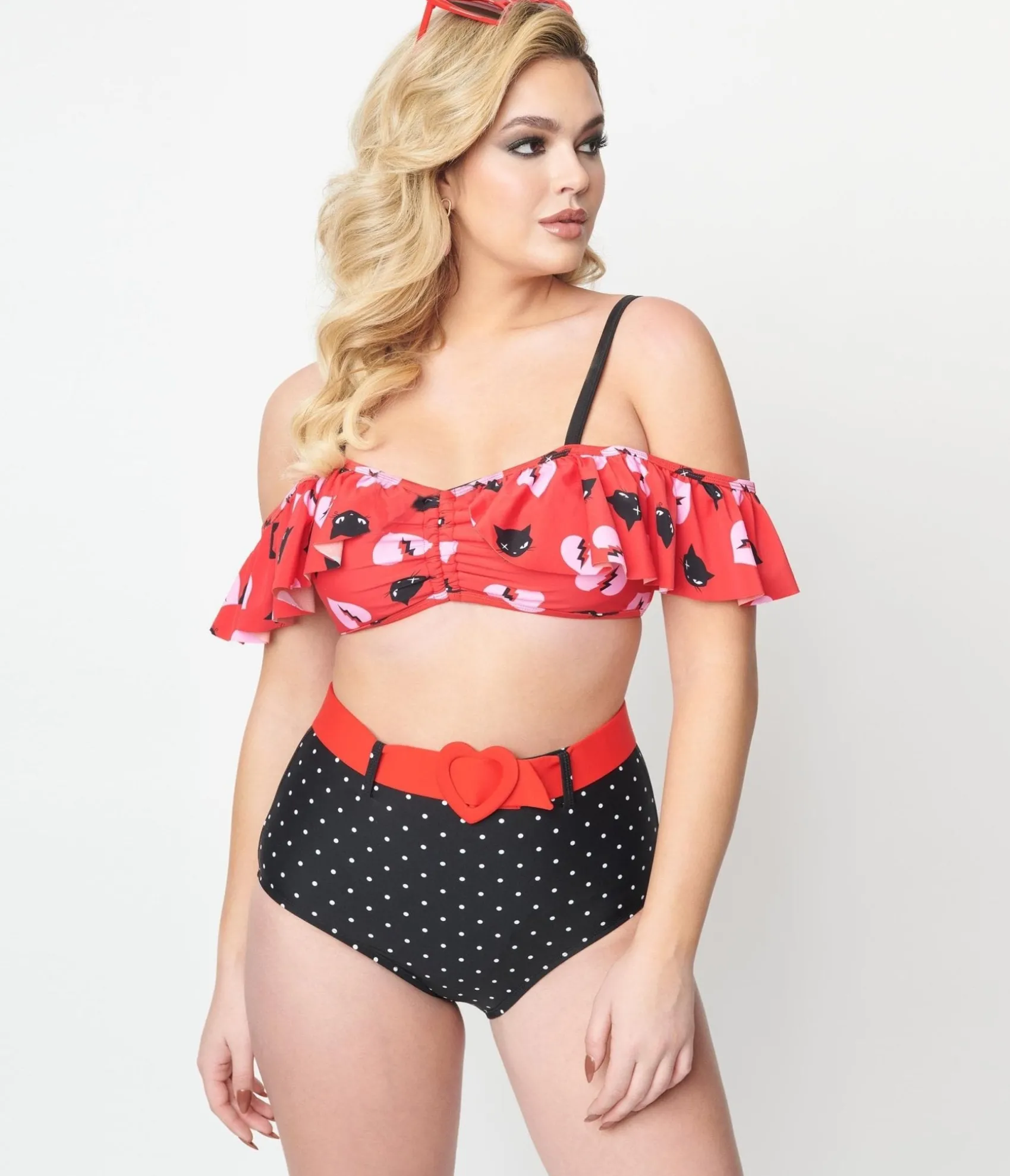 Unique Vintage Emily The Strange x Red & Black Cats Ruffle Swim Top Store