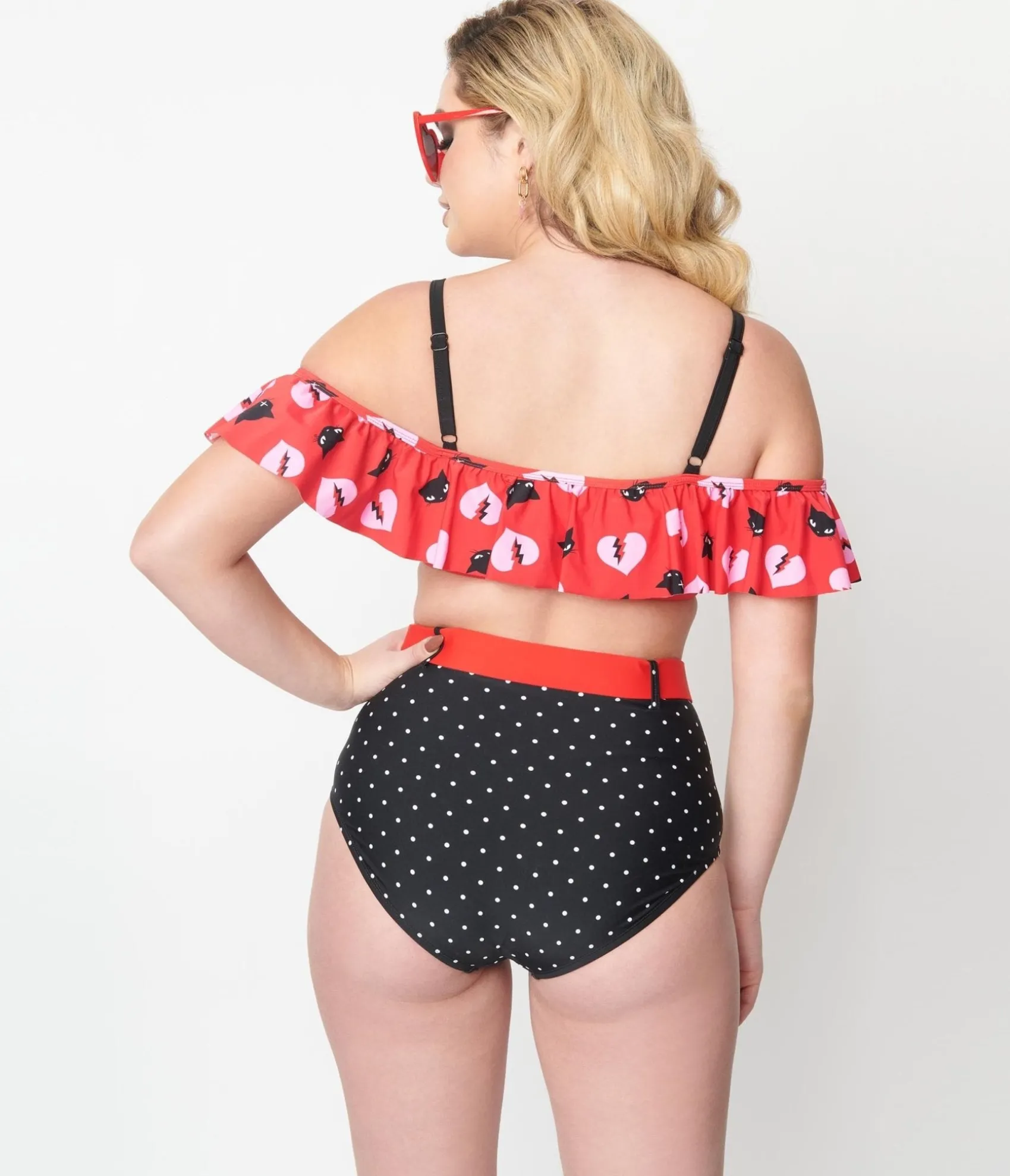 Unique Vintage Emily The Strange x Red & Black Cats Ruffle Swim Top Store