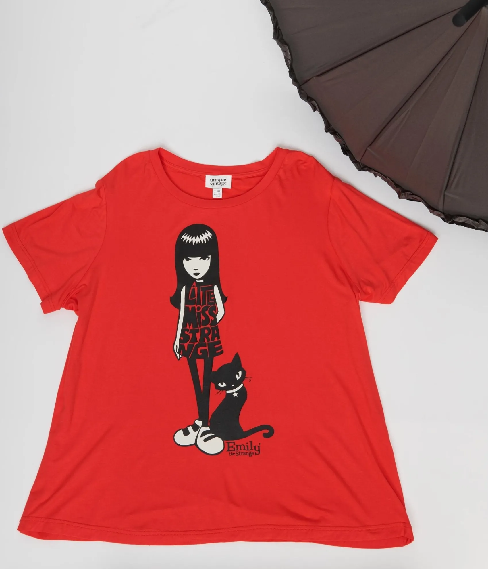 Unique Vintage Emily The Strange x Red Little Miss Strange Fitted Graphic Tee Clearance