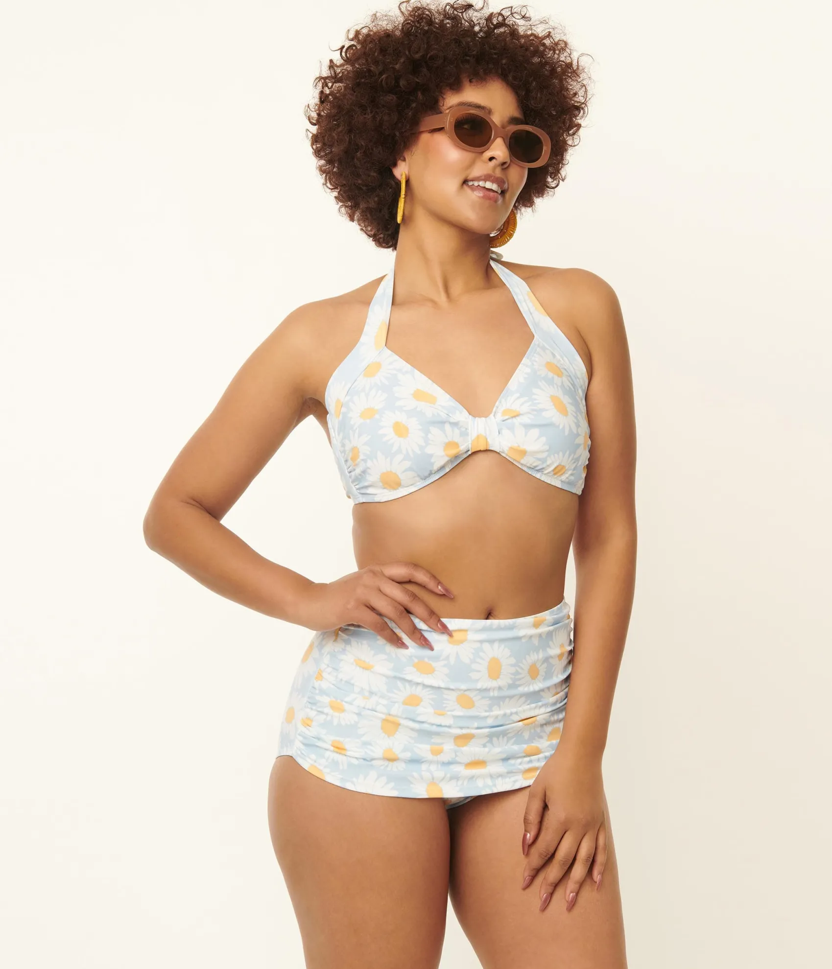Unique Vintage Esther Williams 1950s Light Blue & White Daisy Print Bikini Set Outlet