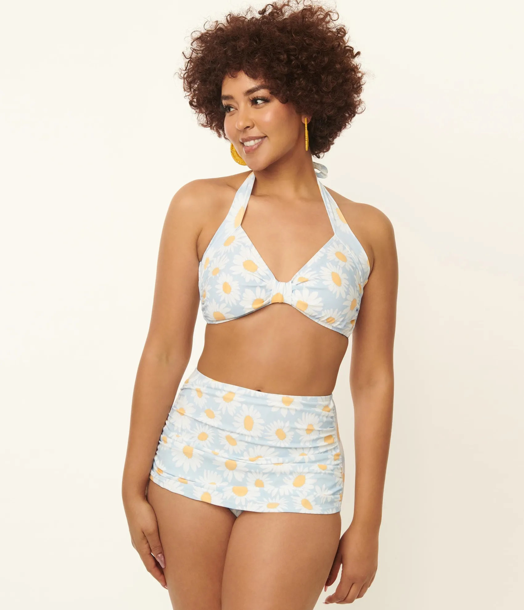 Unique Vintage Esther Williams 1950s Light Blue & White Daisy Print Bikini Set Outlet