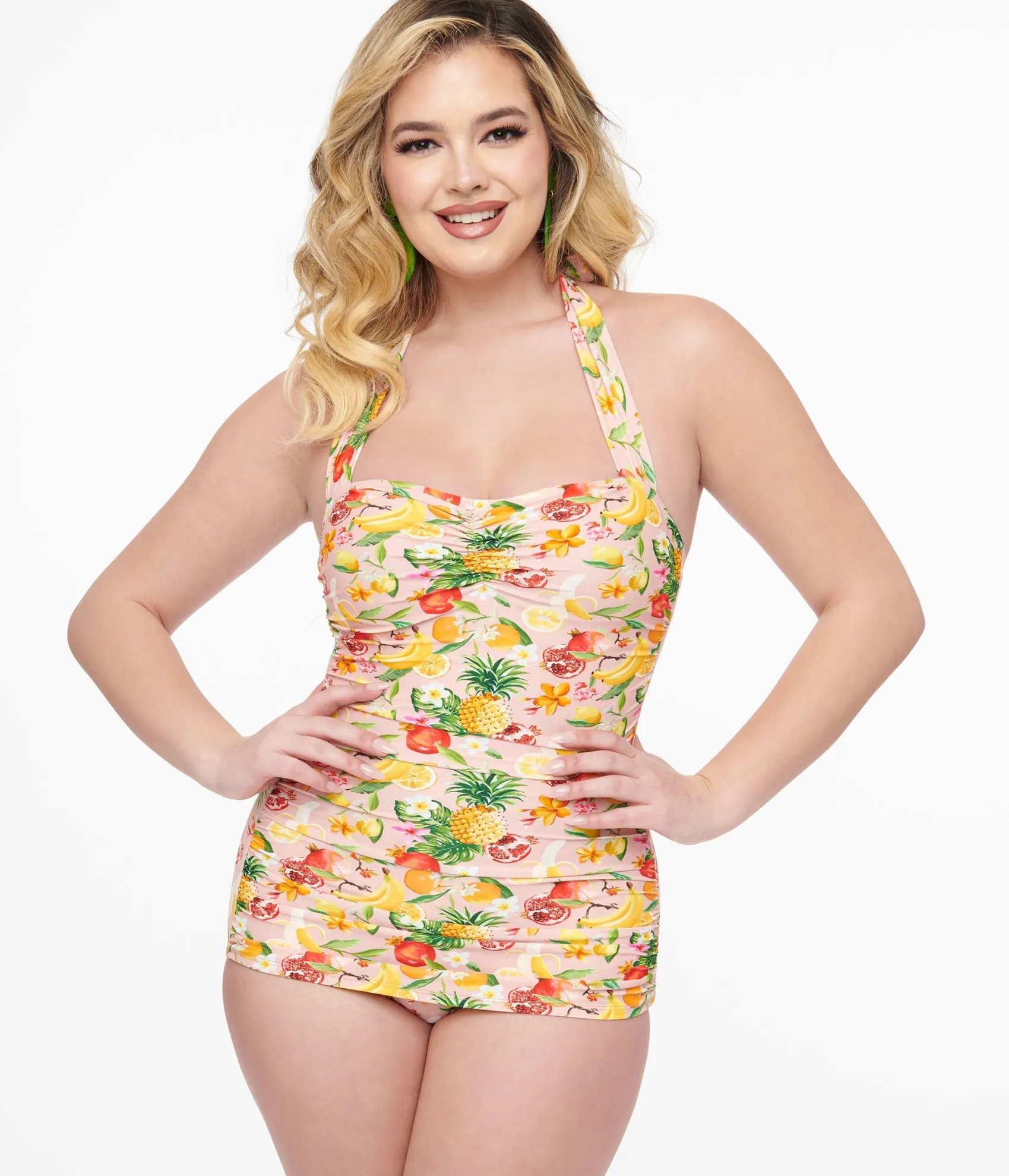 Unique Vintage Esther Williams 1950s Light Pink & Fruit Print One Piece Swimsuit Best