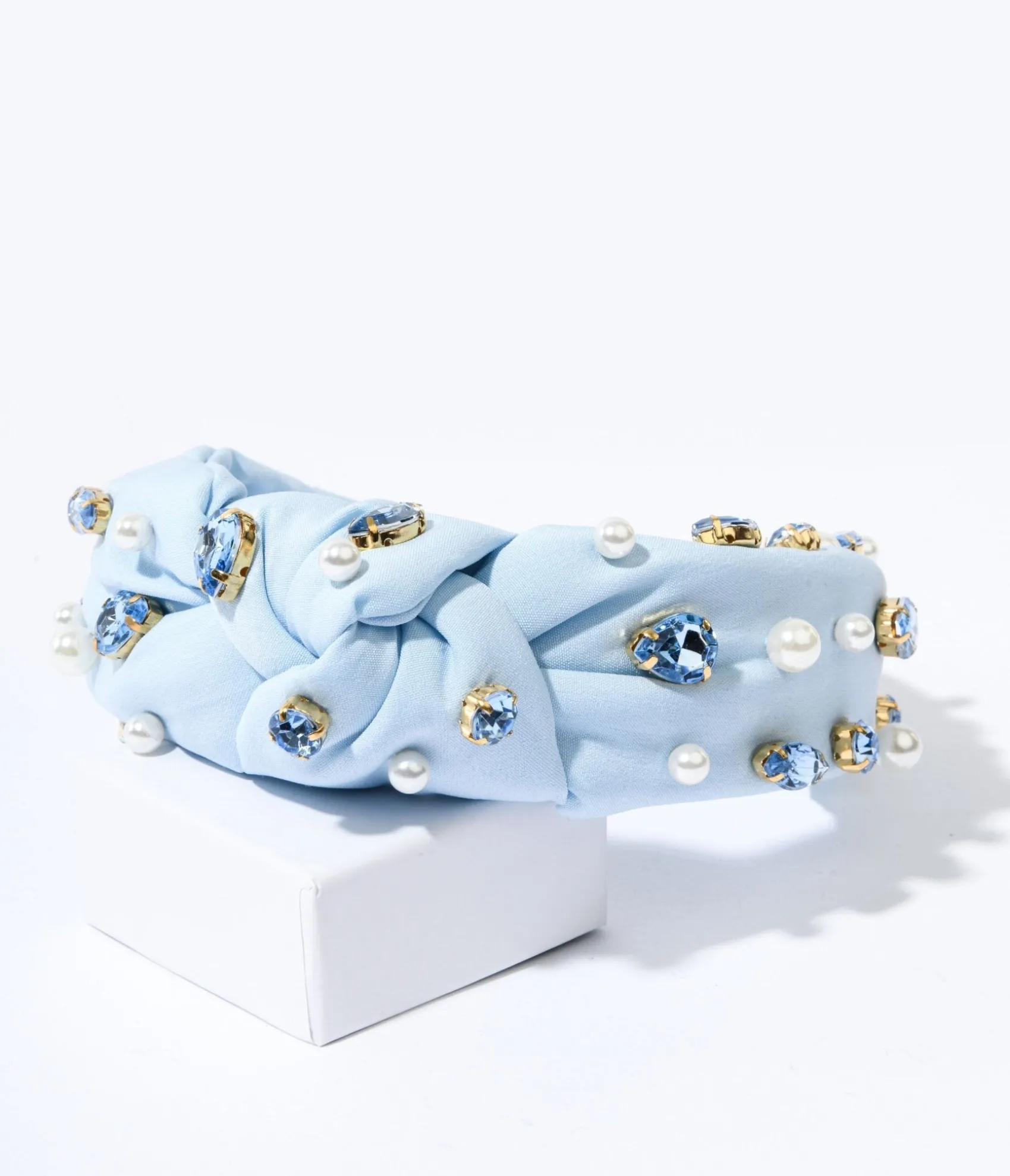 Unique Vintage Faux Pearl & Blue Rhinestone Studded Baby Blue Knot Headband Outlet