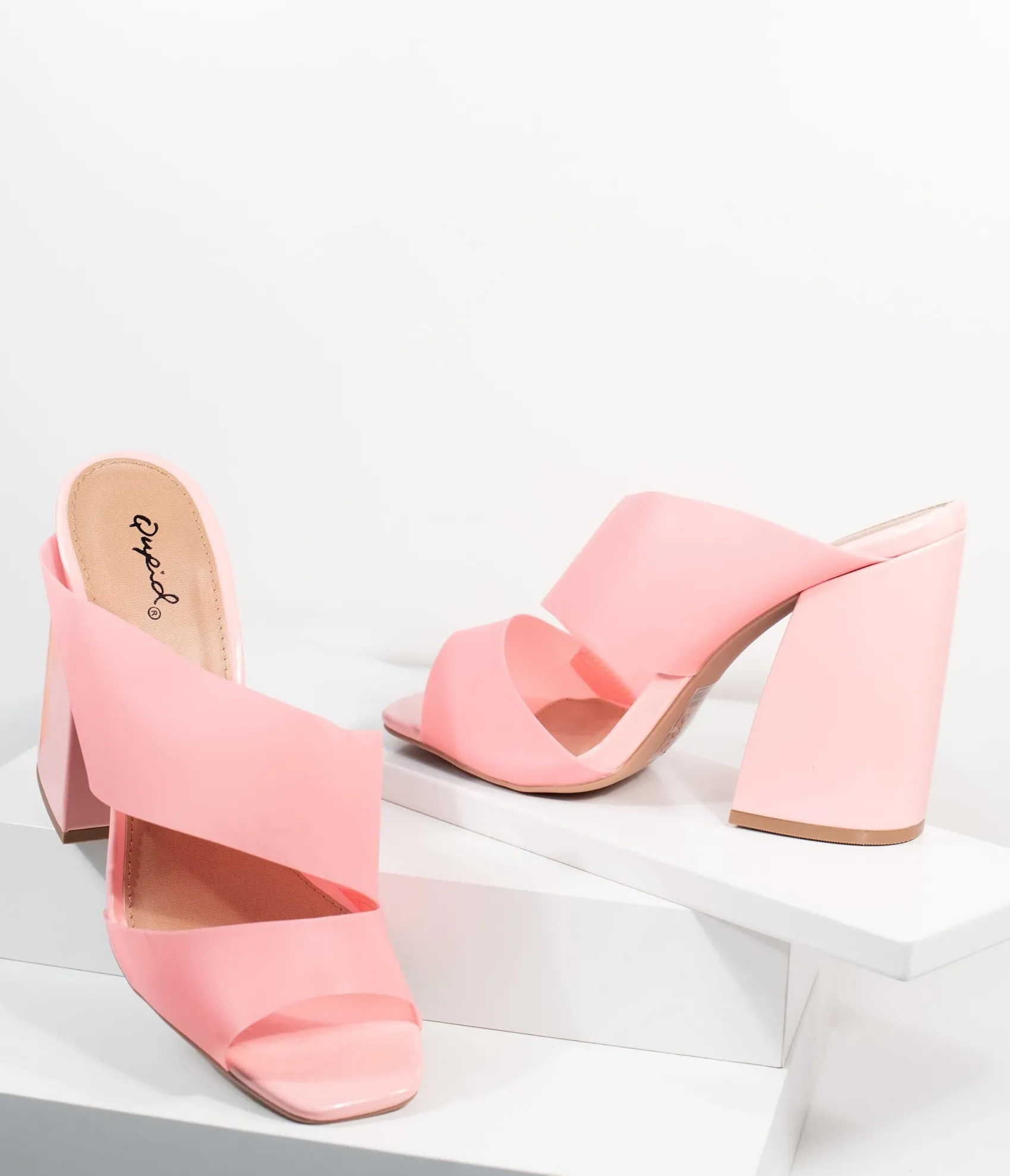 Unique Vintage Frosted Pink Vinyl Peep Toe Mule Heels Cheap