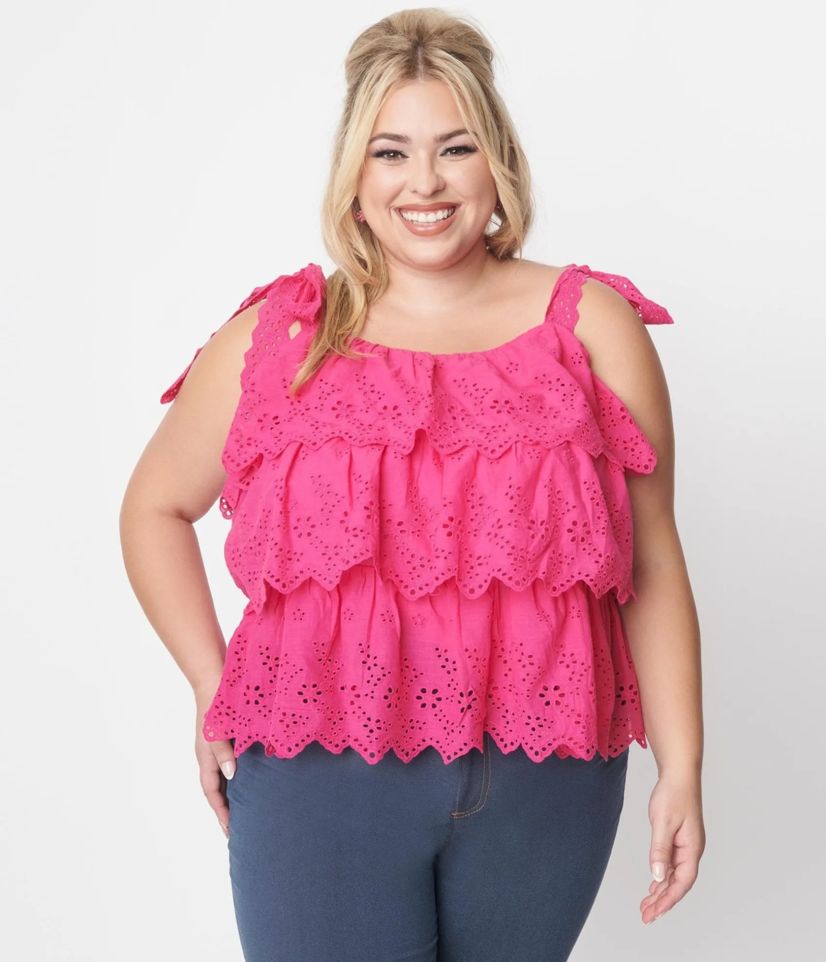 Unique Vintage Fuchsia Tiered Eyelet Blouse Best