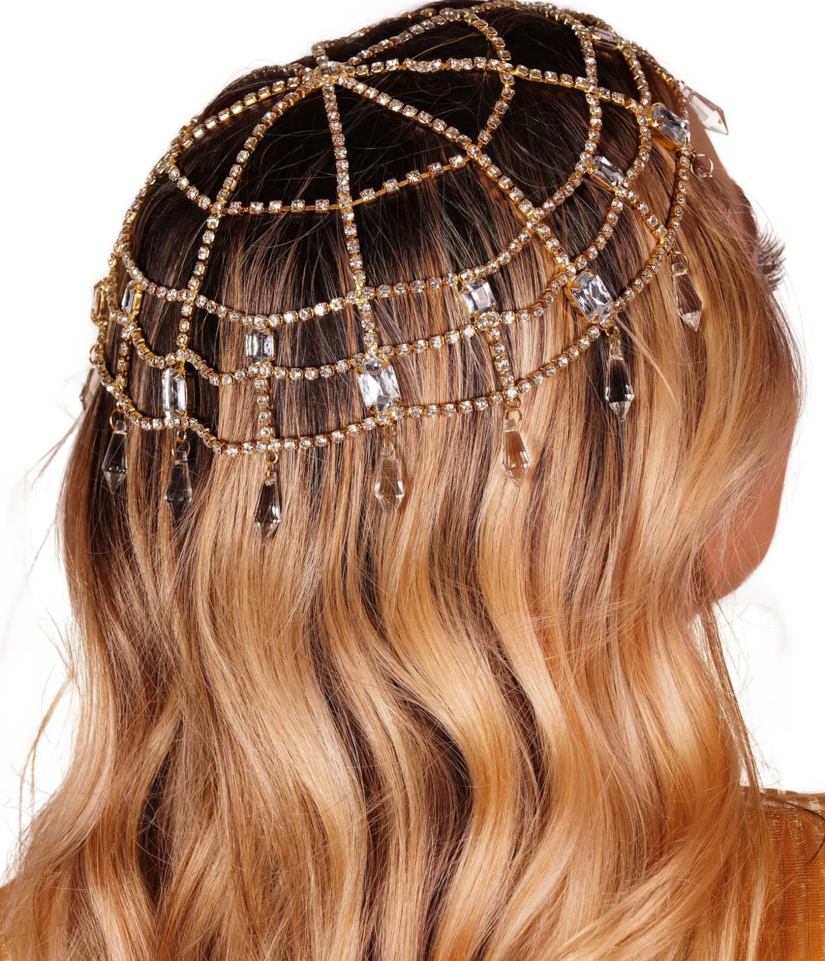 Unique Vintage Gold & Clear Rhinestone Cap Headpiece Hot