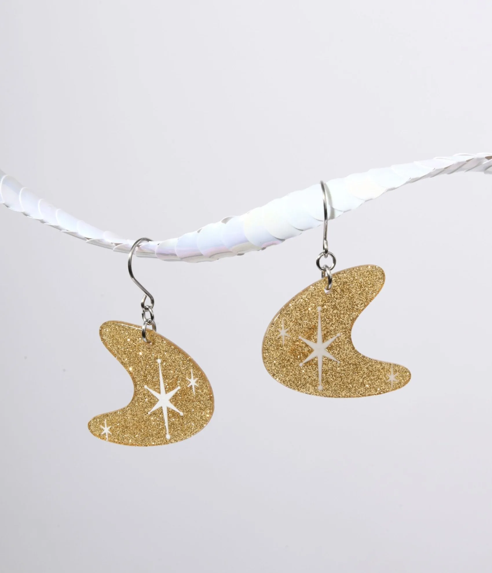 Unique Vintage Gold Glitter Atomic Boomerang Dangle Earrings Clearance